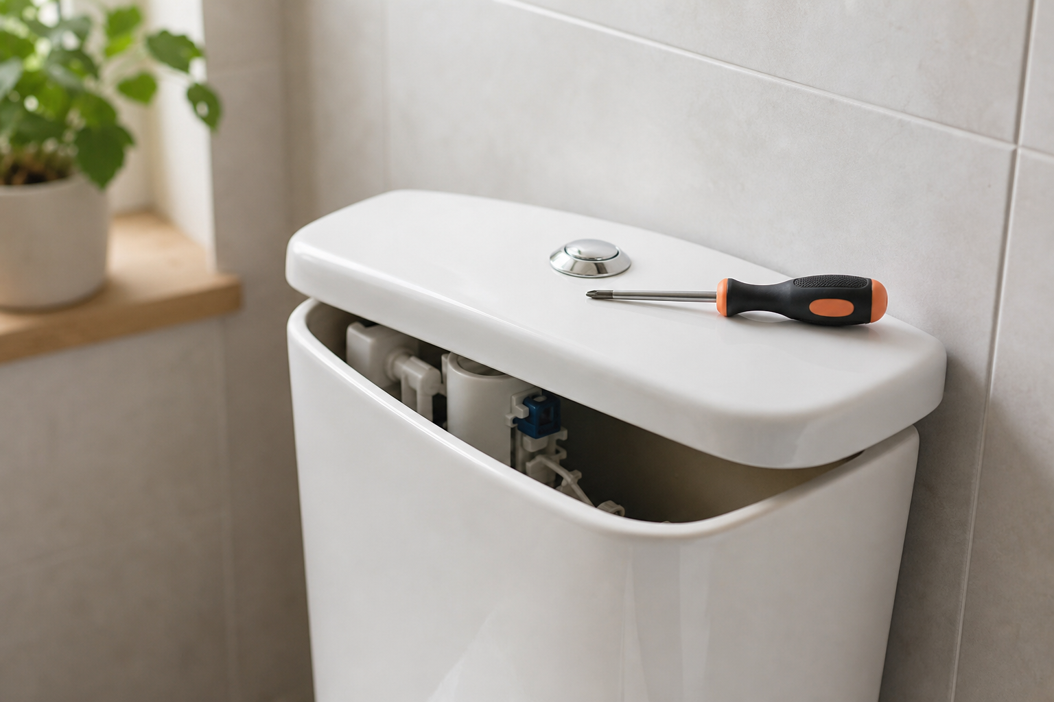 Réservoir ouvert de toilettes montrant le flotteur et le clapet de vidange