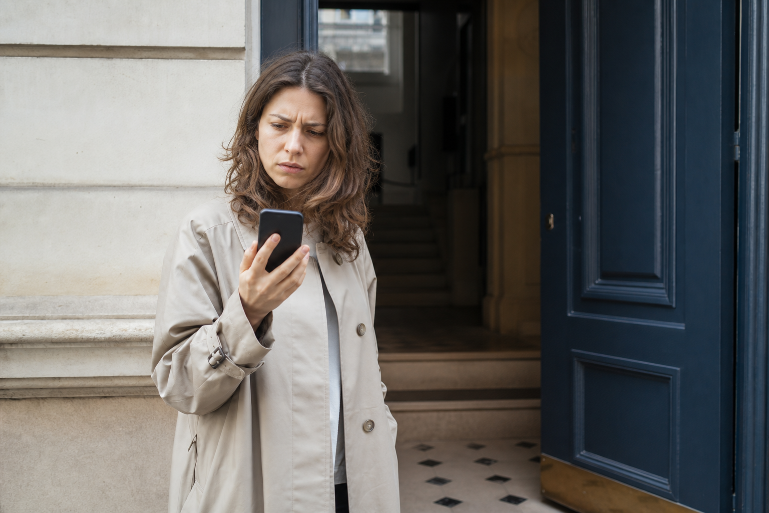 Personne consultant sur son téléphone un suivi de colis marqué comme livré, devant une porte d’entrée sans colis visible