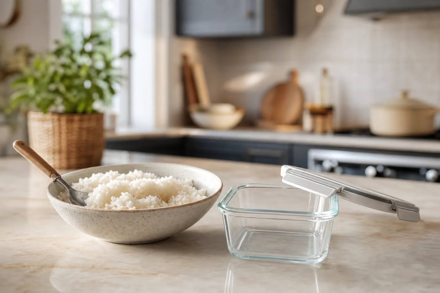 Bol de riz blanc cuit avec une cuillère, posé près d’une boîte hermétique destinée au réfrigérateur