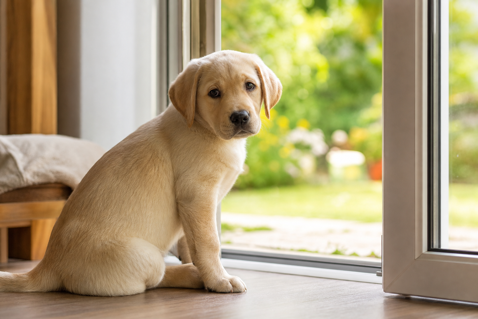 Chiot assis devant une porte-fenêtre entrouverte, attendant de sortir dans le jardin