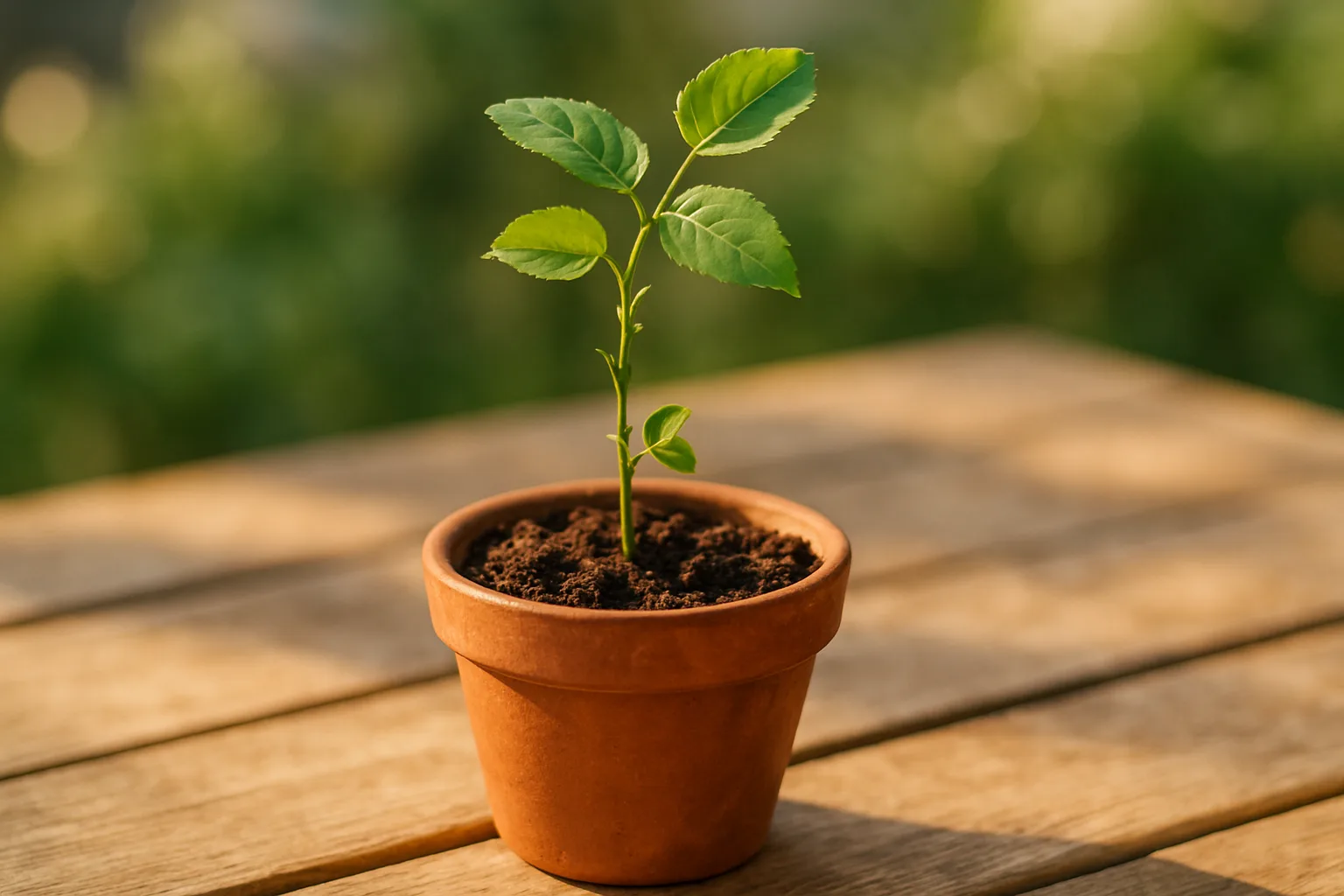 Jeune bouture de rosier plantée dans un pot en terre cuite, sur un rebord ensoleillé