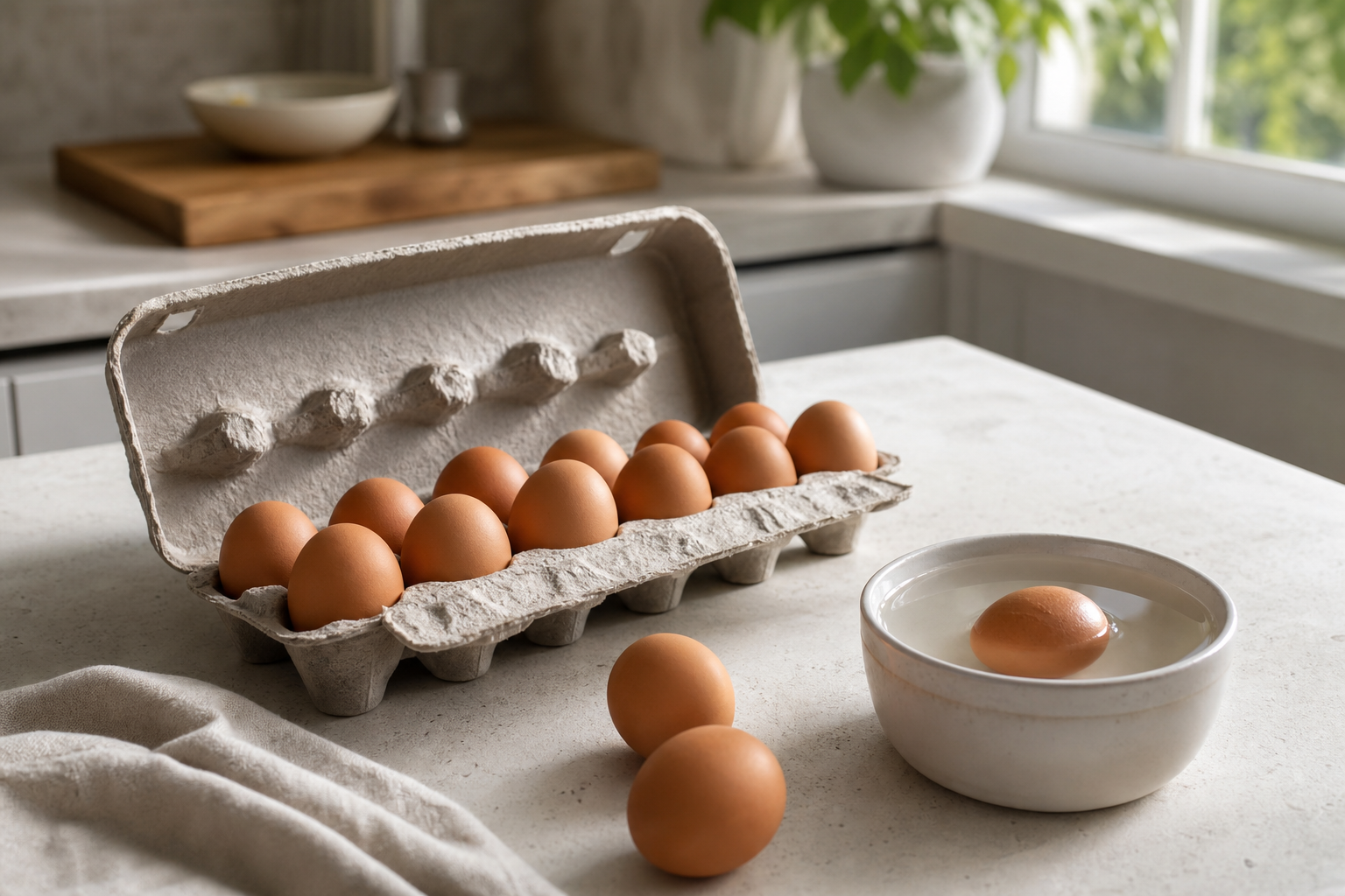 Boîte d’œufs frais posée sur un plan de cuisine, avec quelques œufs à côté pour vérifier leur fraîcheur