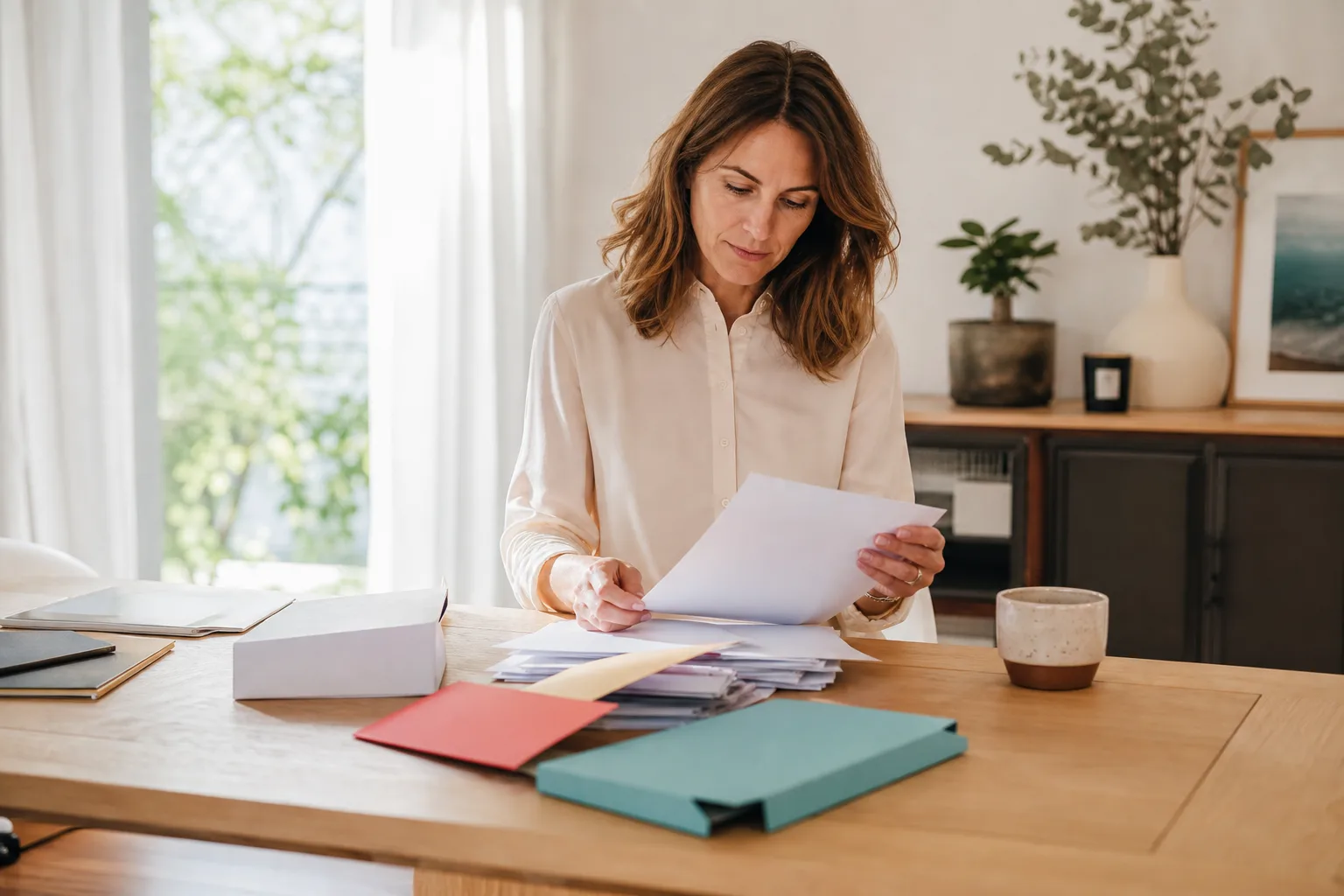Personne triant des factures et documents administratifs dans des chemises cartonnées sur une table en bois clair