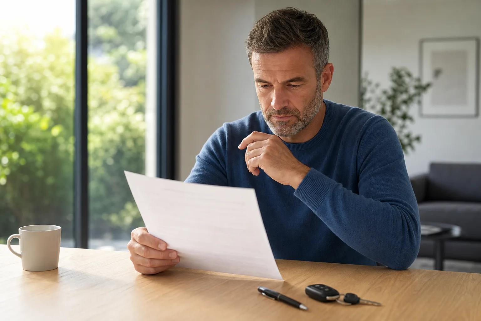 Conducteur consultant son relevé d’information d’assurance auto sur une table, à côté des clés de voiture