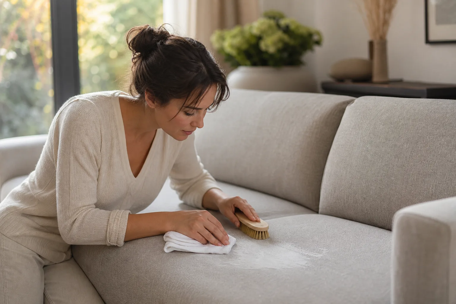 Canapé en tissu clair dans un salon lumineux, avec une tache traitée à la poudre absorbante sur l’assise