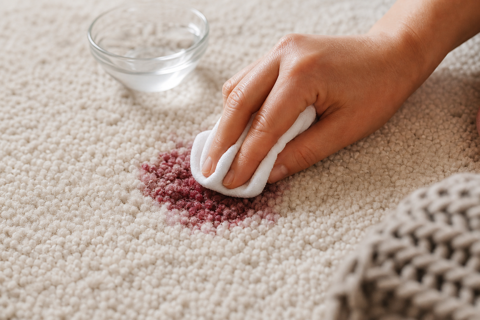 Gros plan sur un tapis en laine avec une tache de vin rouge et un chiffon blanc posé à côté pour le nettoyage