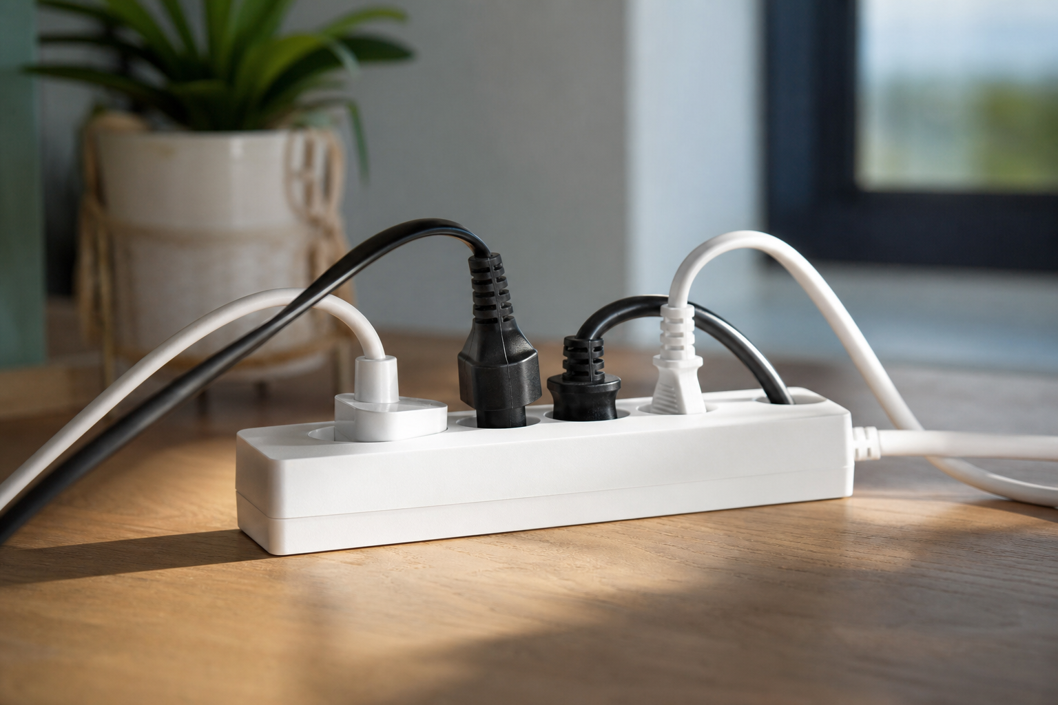 Multiprise électrique blanche débranchée posée sur une table en bois