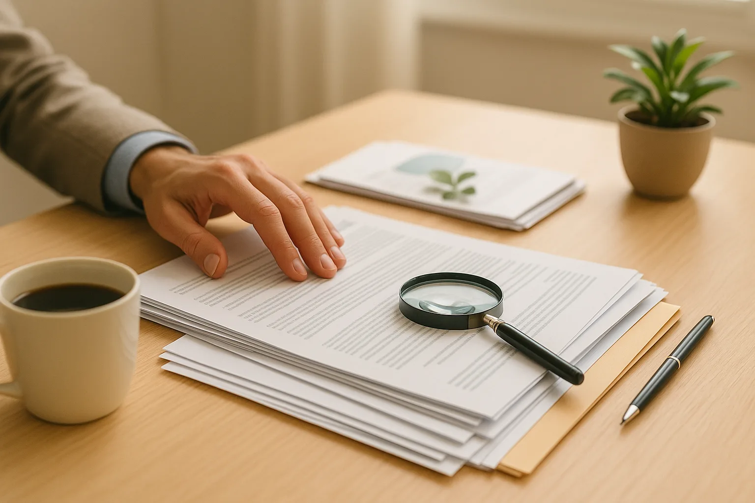 Contrats d’assurance papier posés sur un bureau lumineux avec une loupe, illustrant l’audit des garanties pour détecter les doublons