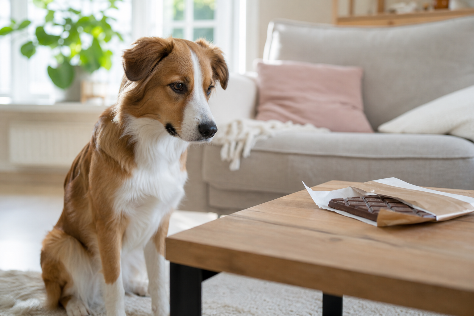 Chien attentif près d’une tablette de chocolat entamée sur une table basse