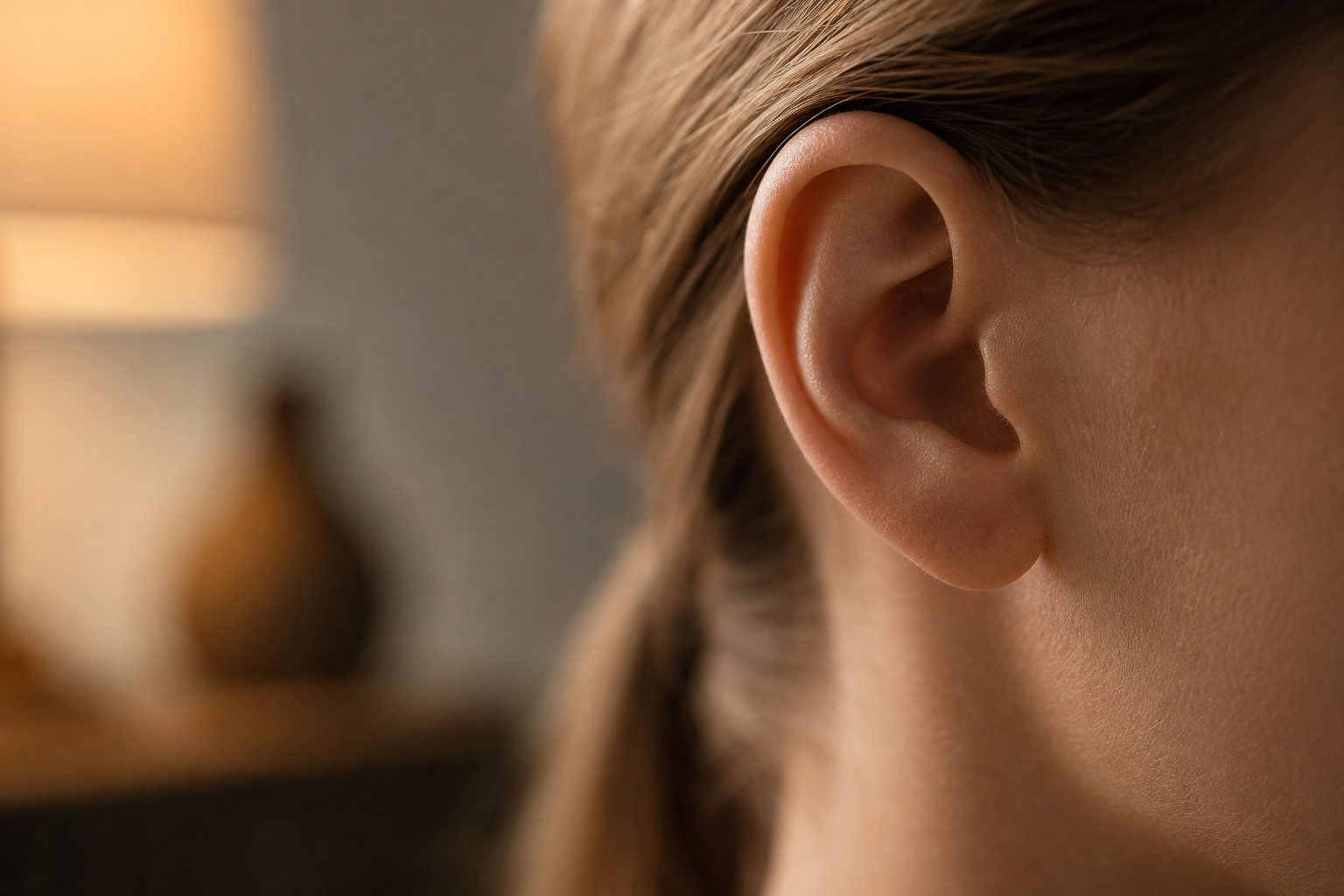 Gros plan sur une oreille, illustrant la perception d’un acouphène en l’absence de bruit extérieur