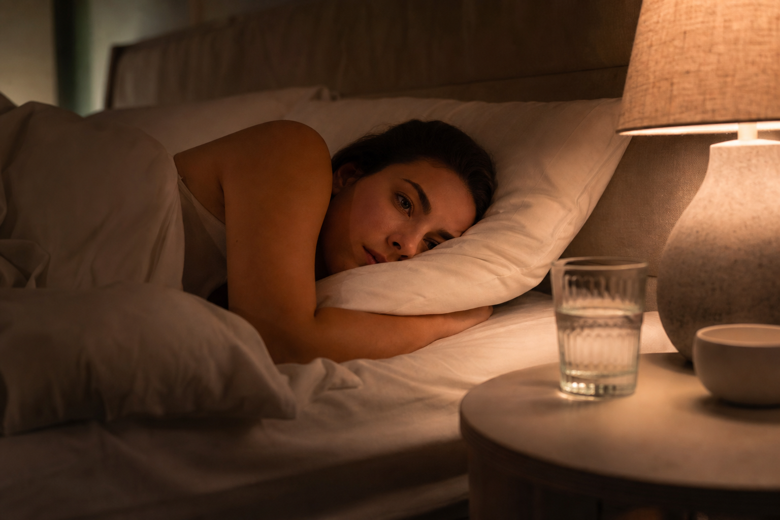 Personne allongée dans son lit la nuit, portant la main à sa bouche, illustrant la sensation de bouche sèche au réveil