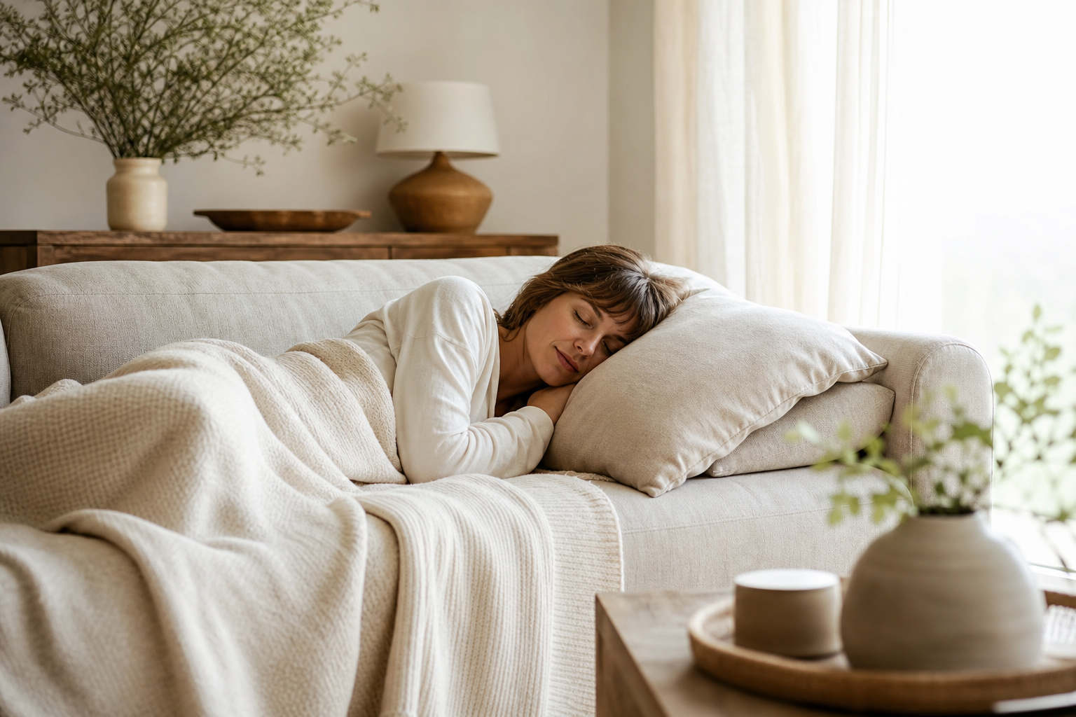 Une personne allongée pour une sieste dans une pièce lumineuse, dans une ambiance calme et reposante.