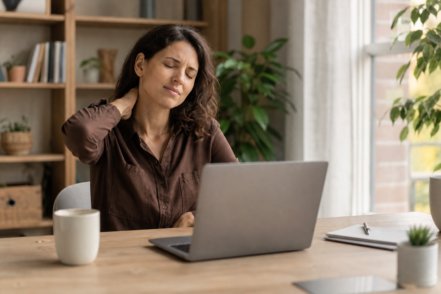 Personne en télétravail à son bureau, la main sur la nuque, illustrant une douleur cervicale devant un ordinateur portable