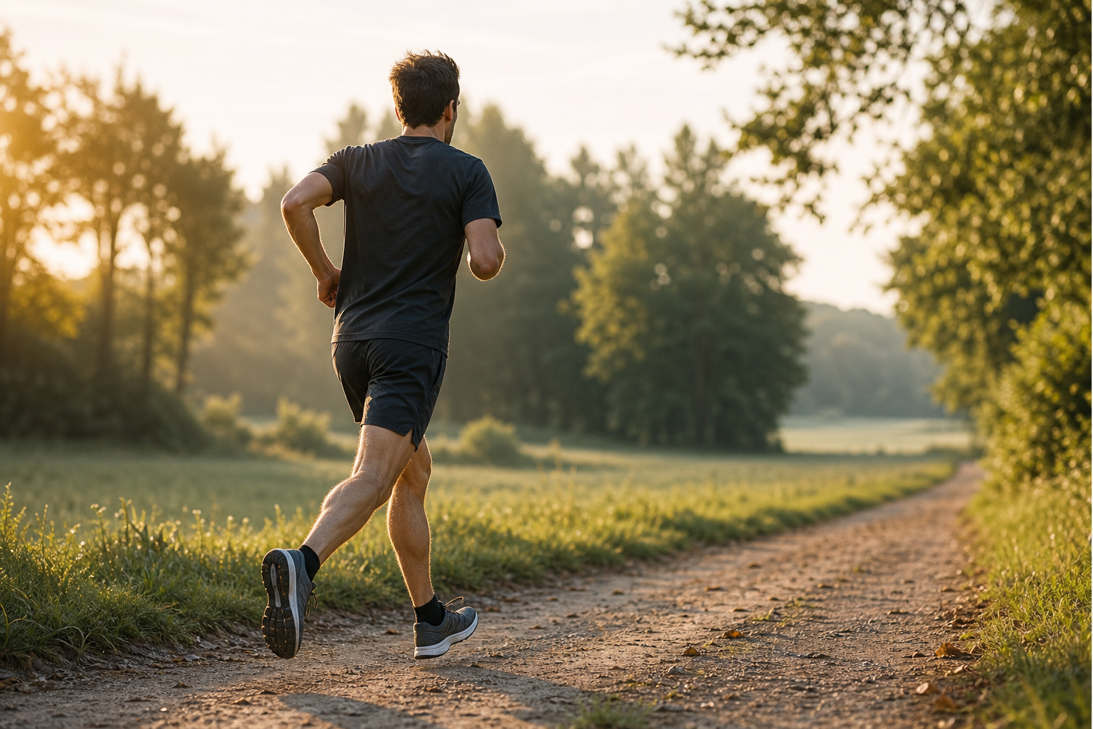 Coureur en foulée régulière sur un chemin dans la lumière du matin