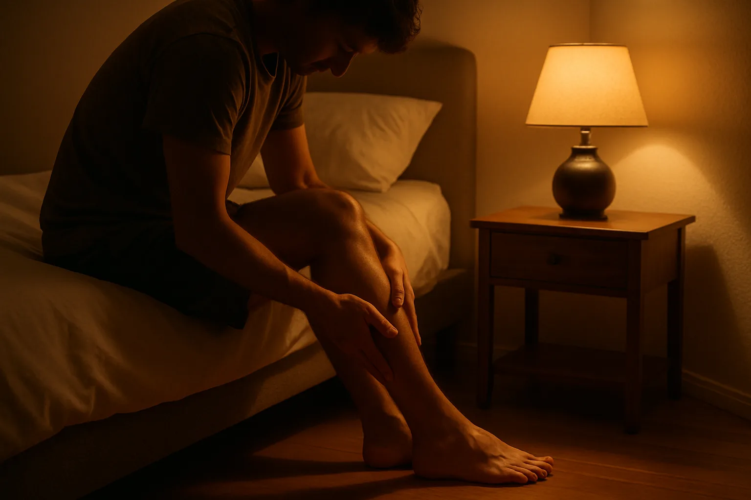 Personne étirant son mollet au bord du lit en pleine nuit pour soulager une crampe
