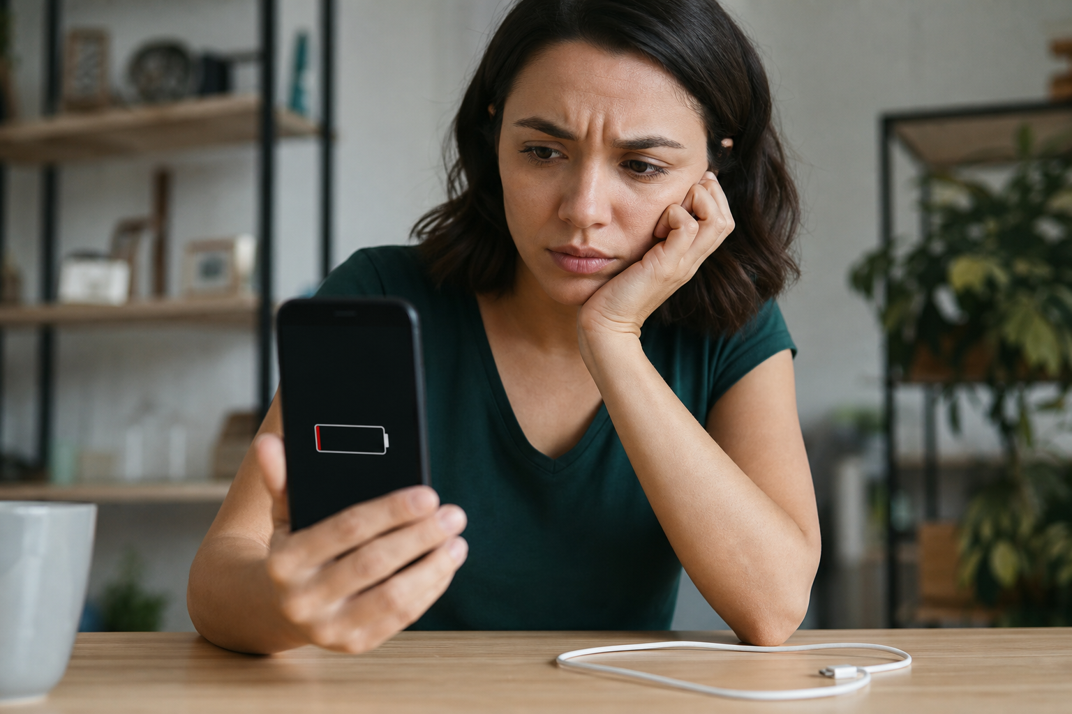 Personne regardant l’écran de son smartphone affichant un niveau de batterie faible, câble de charge à proximité