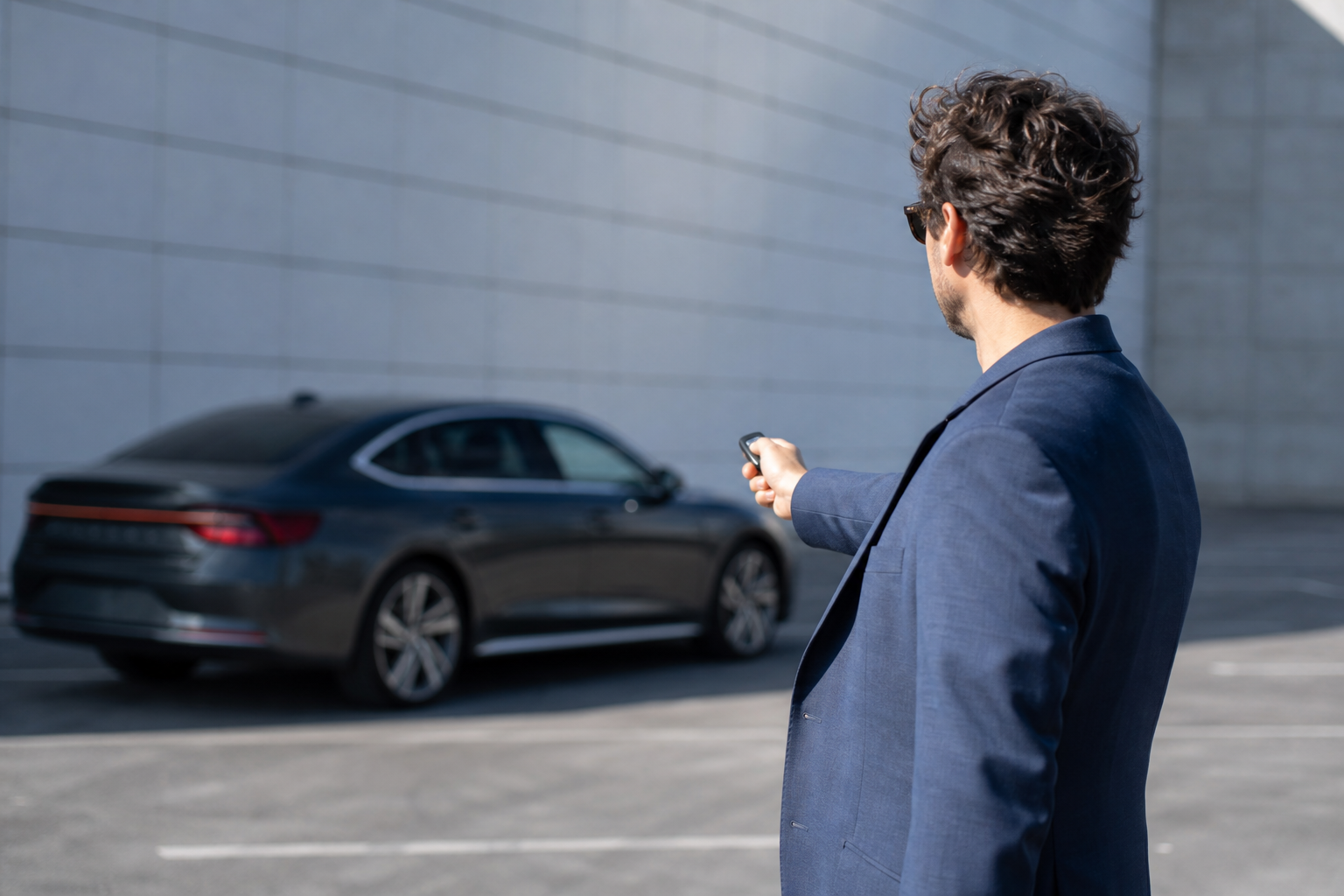 Personne tenant une télécommande de voiture pointée vers un véhicule garé sur un parking