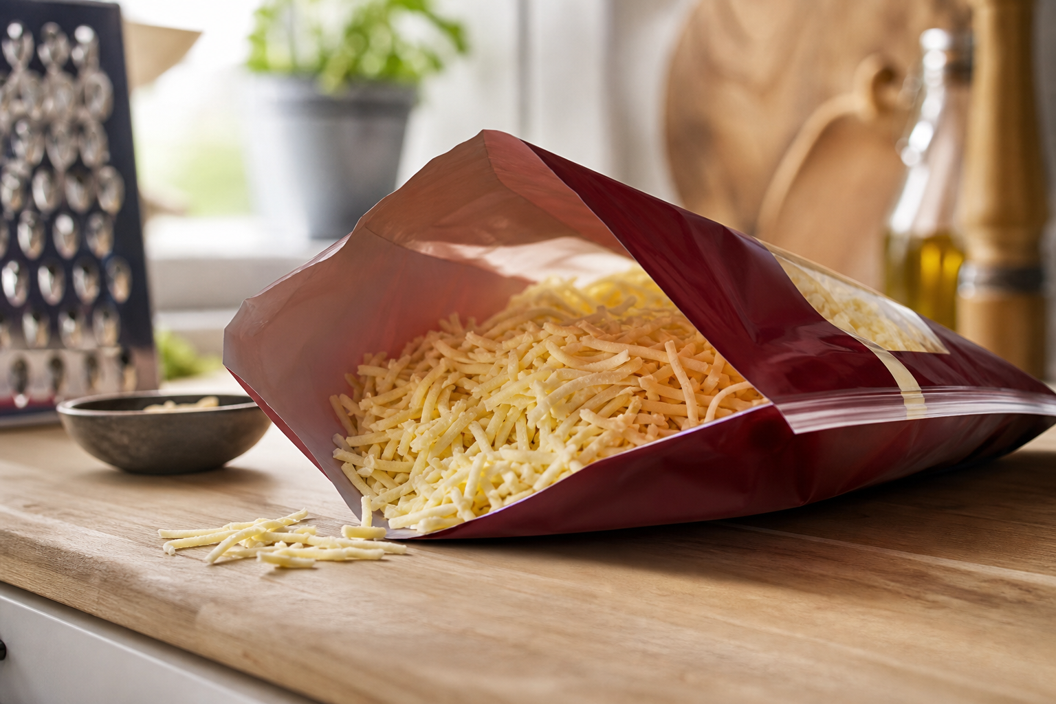 Sachet de fromage râpé ouvert sur un plan de travail, avec le fromage compacté en bloc à l’intérieur