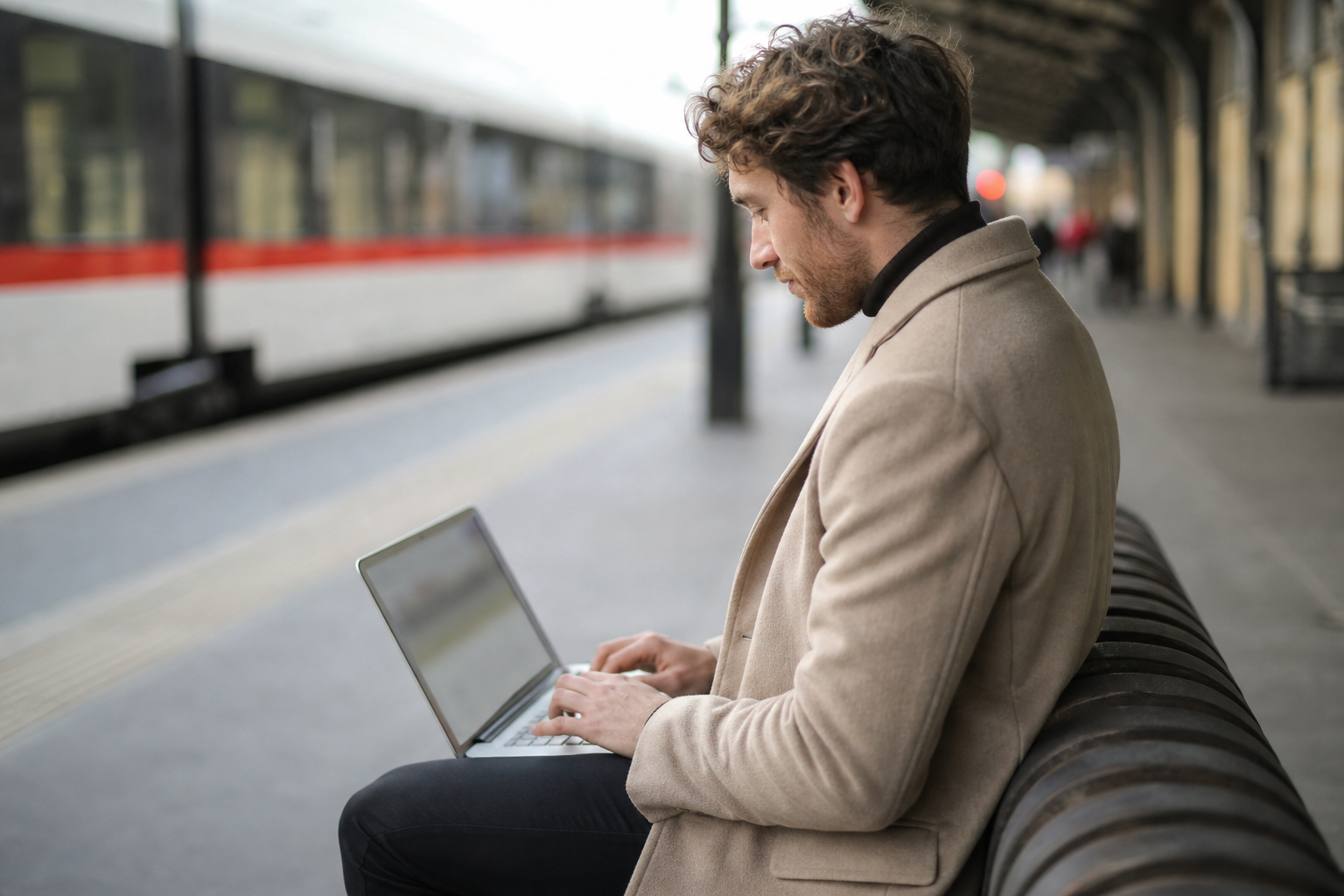 Personne consultant un site de réservation de billets de train sur un ordinateur portable, avec un quai de gare en arrière-plan