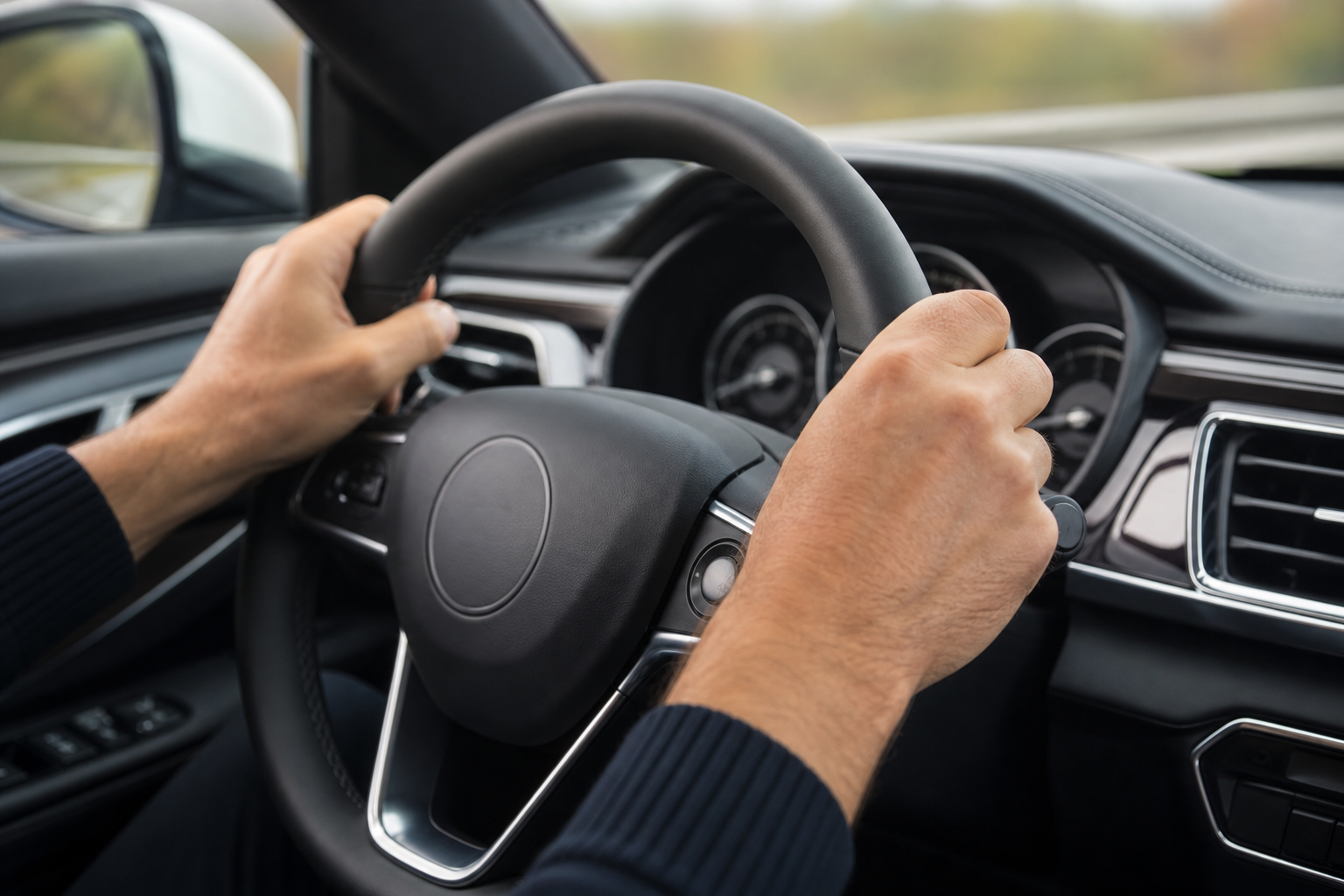 Gros plan sur un volant de voiture tenu par un conducteur sur une route