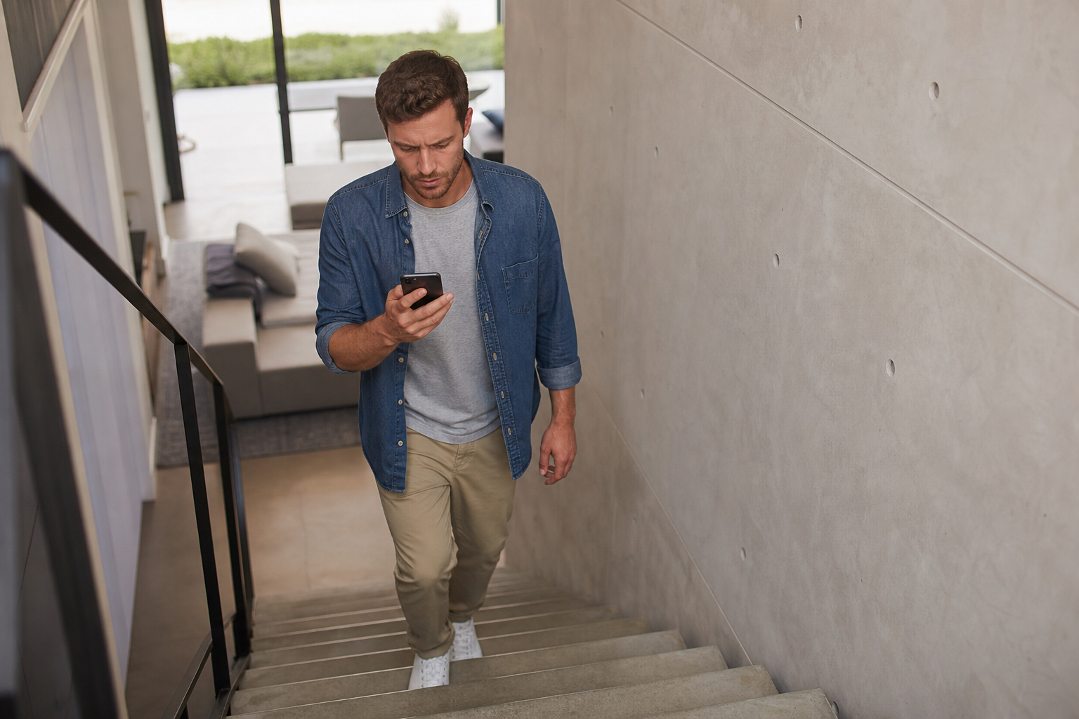 Personne consultant son smartphone dans une cage d’escalier, signal Wi-Fi faible affiché à l’écran