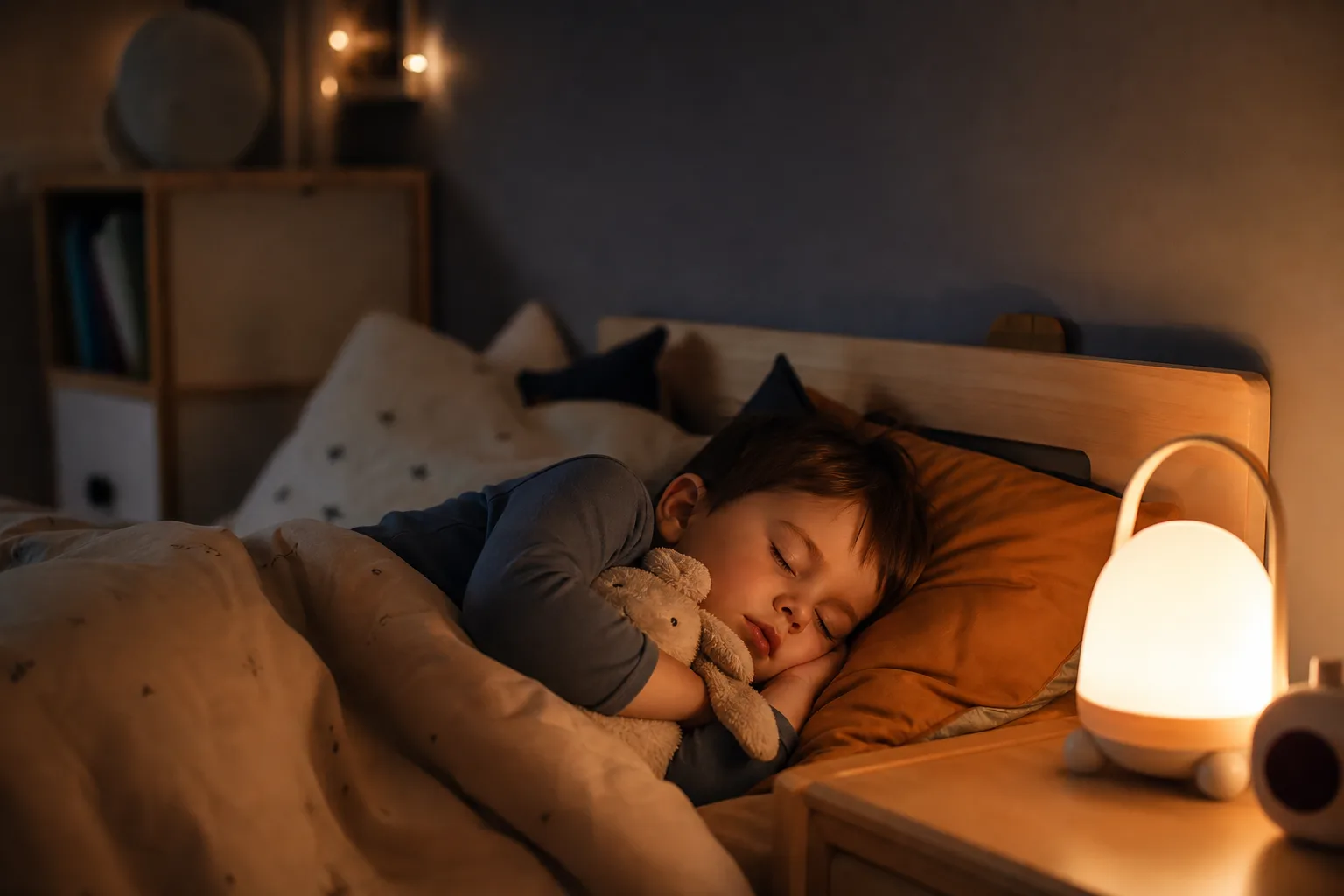 Enfant endormi paisiblement dans sa chambre, veilleuse douce allumée près du lit