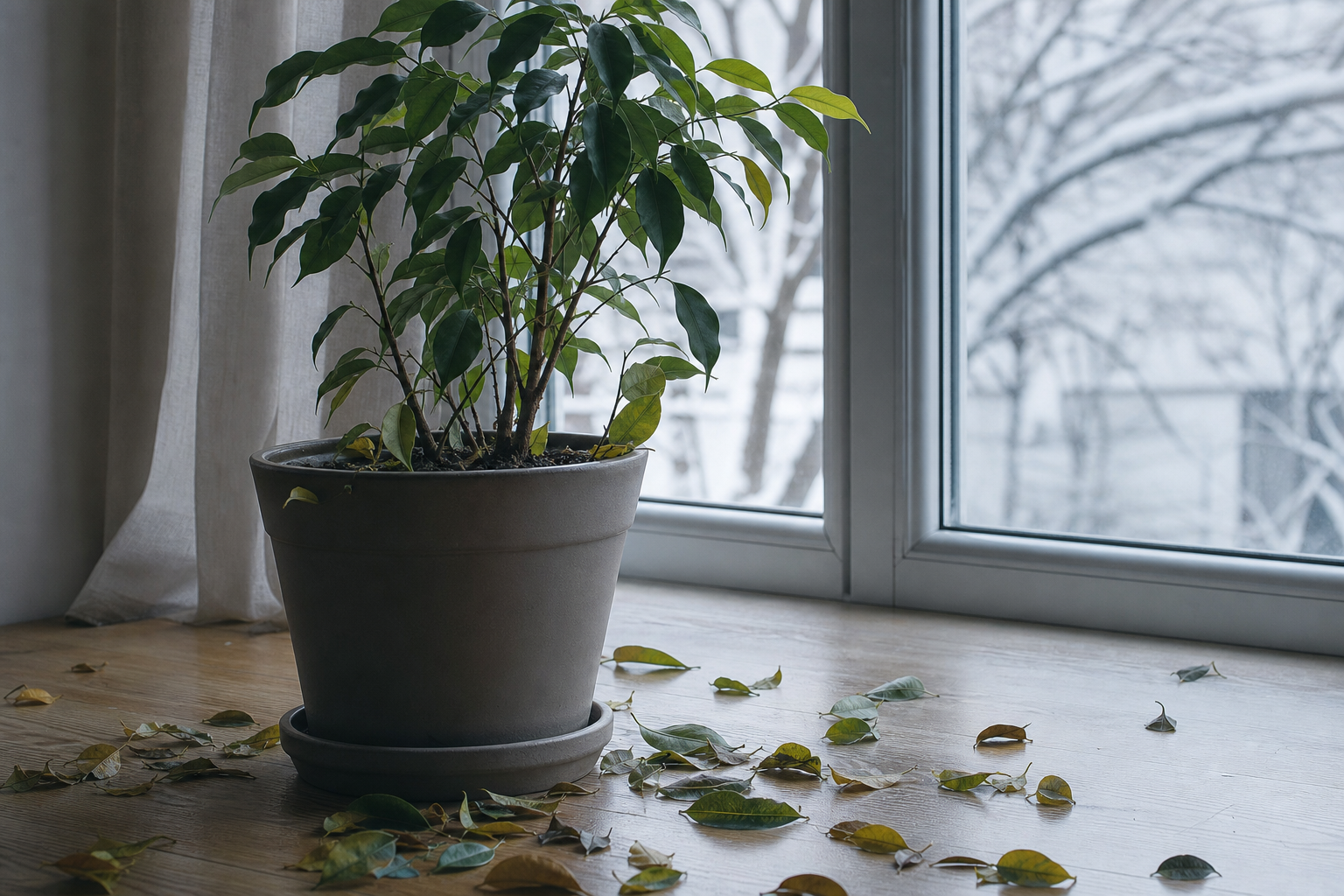 Plante d’intérieur en pot dont plusieurs feuilles jonchent le sol tout autour, illustrant une chute de feuillage hivernale
