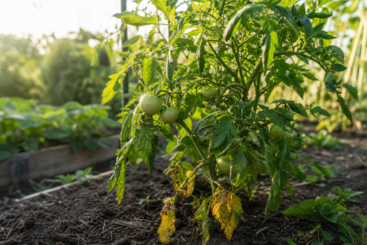 Pied de tomate au potager avec des feuilles jaunissantes en bas de la plante