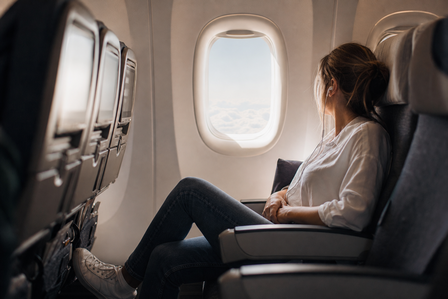 Passager en cabine d’avion, jambes étendues dans l’allée, lumière douce du hublot