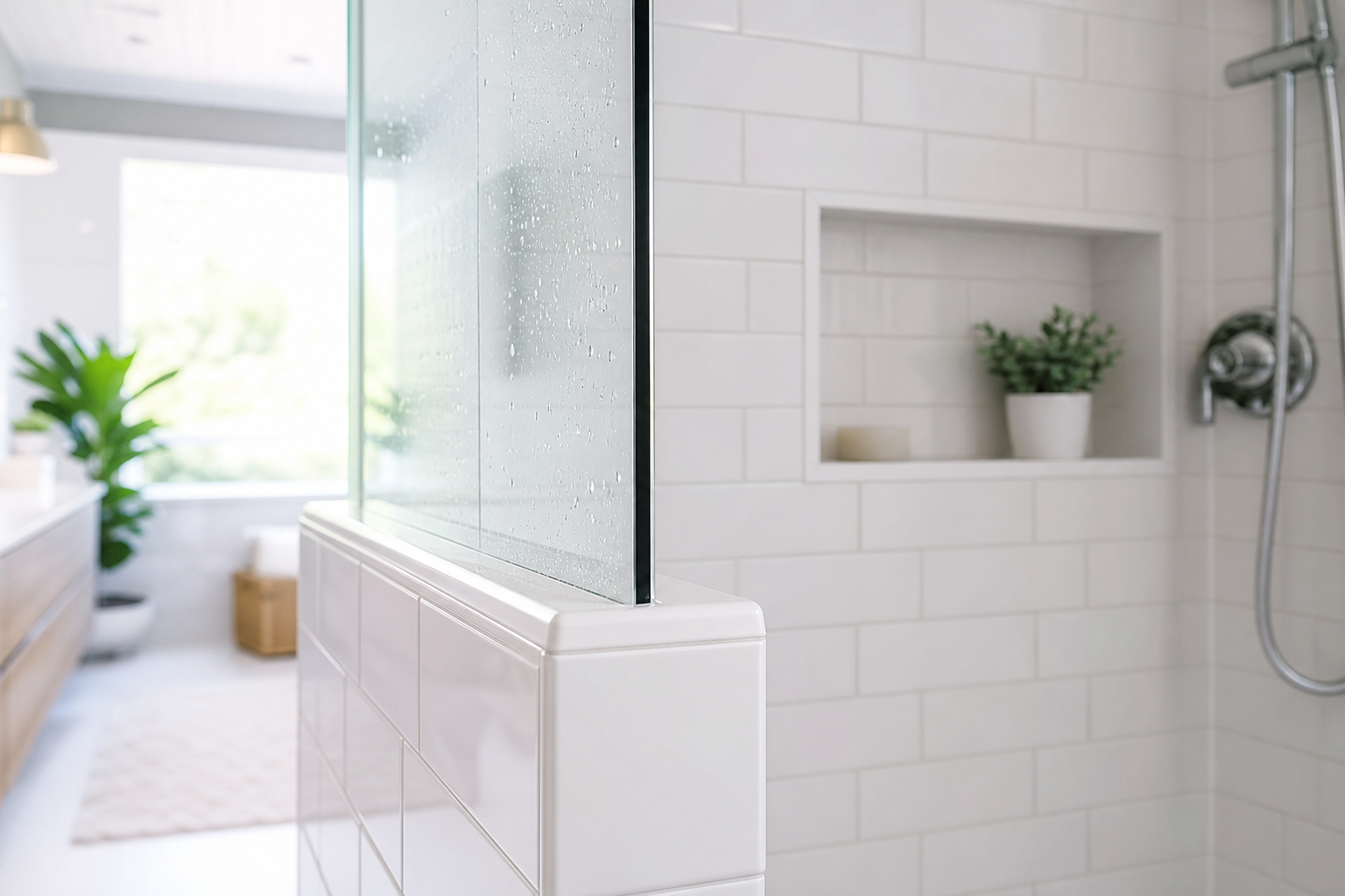 Douche carrelée propre aux joints nets dans une salle de bains lumineuse