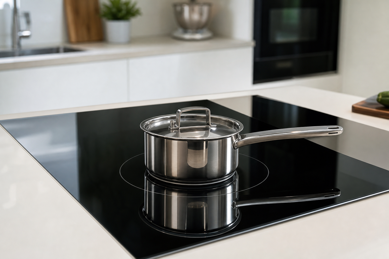 Table de cuisson vitrocéramique noire avec une casserole en inox posée dessus