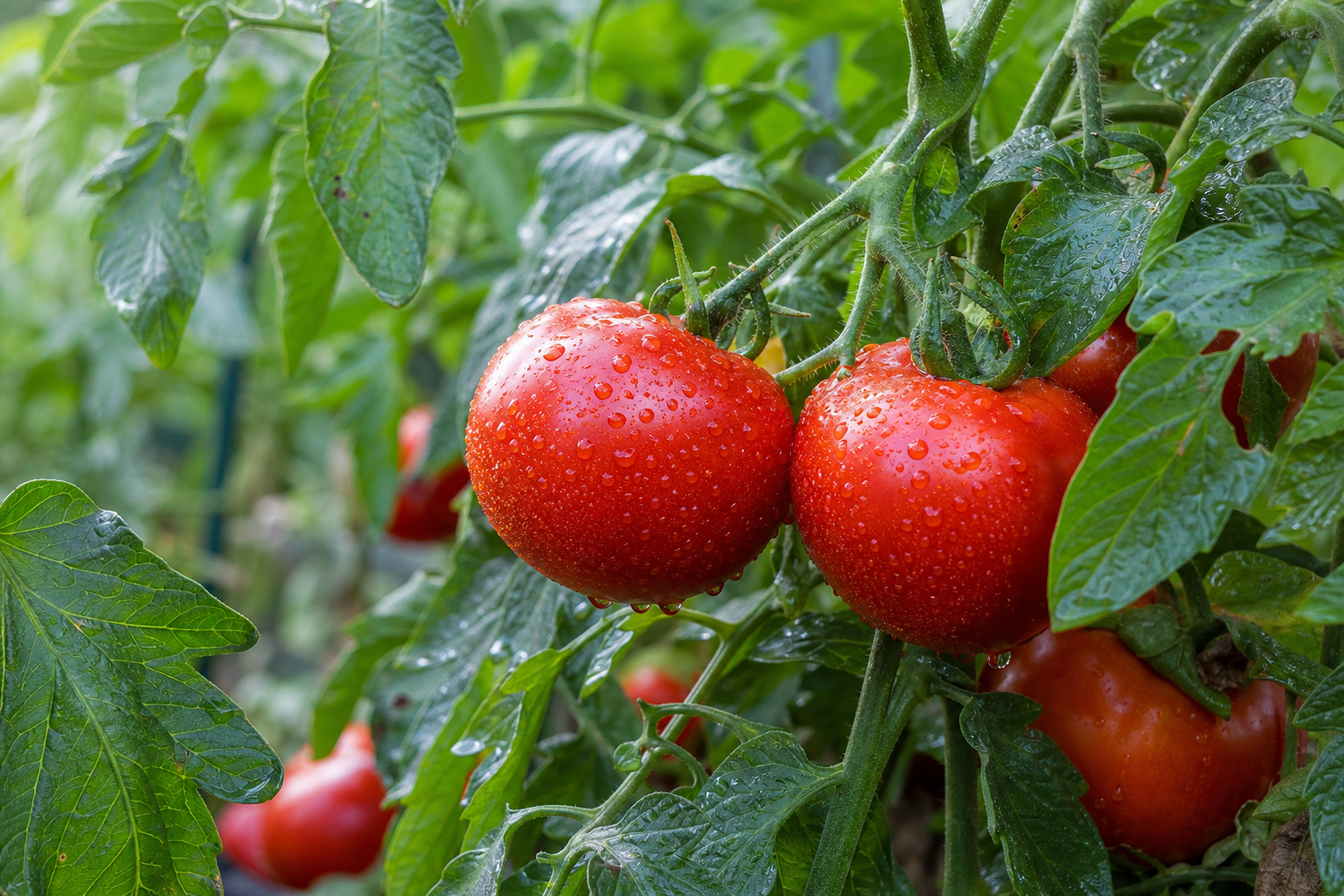 Tomates rouges sur pied dont plusieurs présentent une fissure au sommet après un épisode de pluie