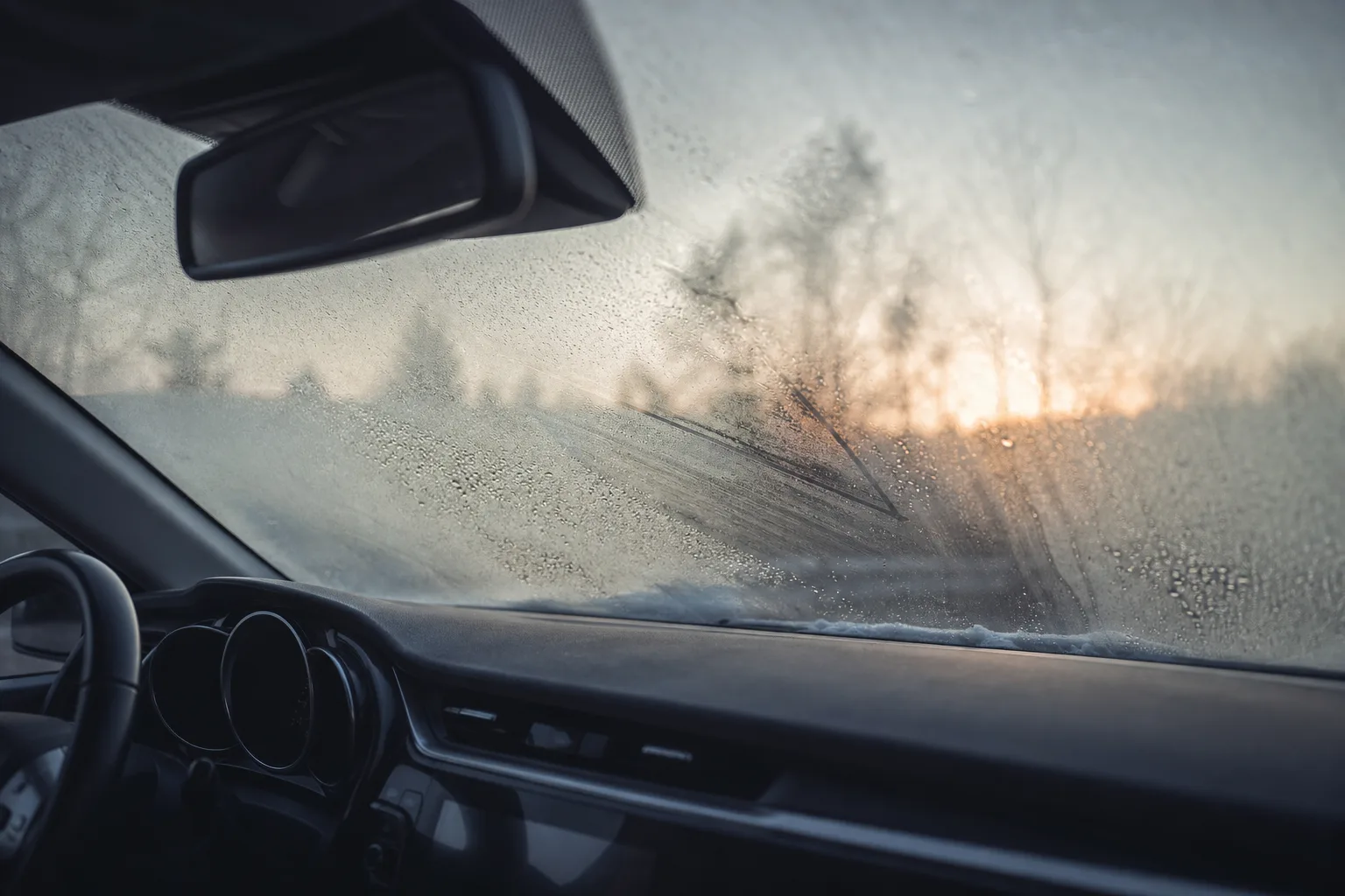 Vitre avant d'une voiture couverte de buée à l'intérieur par une matinée d'hiver