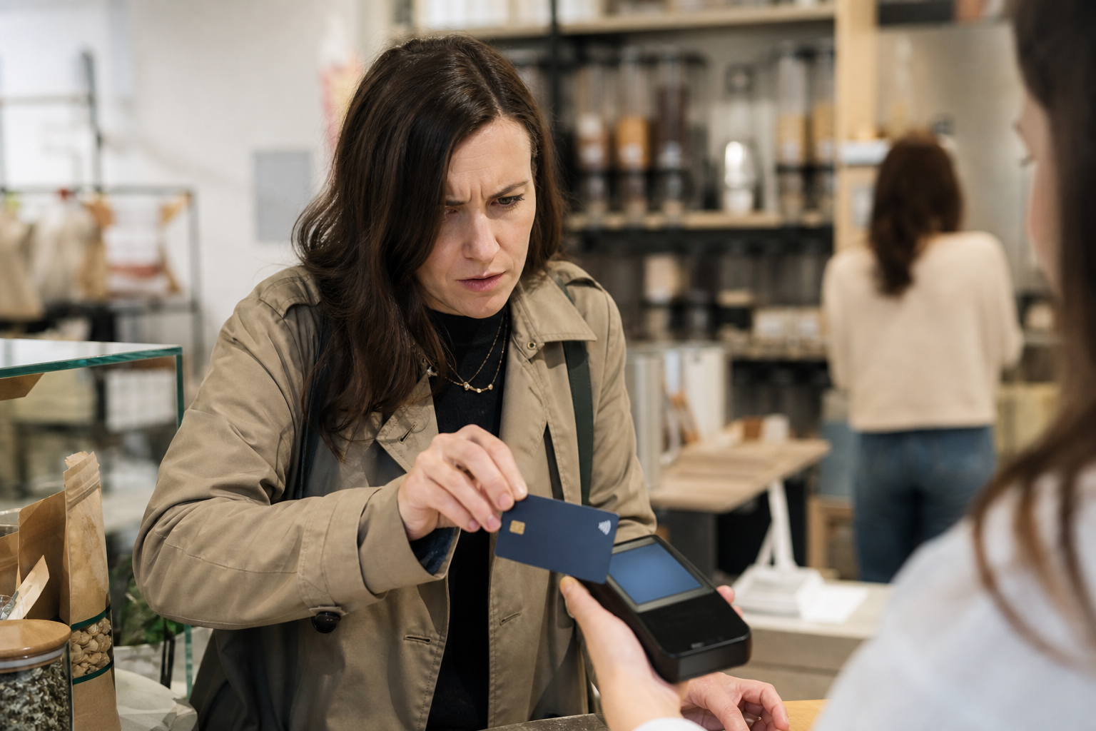 Personne dont le paiement par carte bancaire est refusé en caisse malgré un compte approvisionné