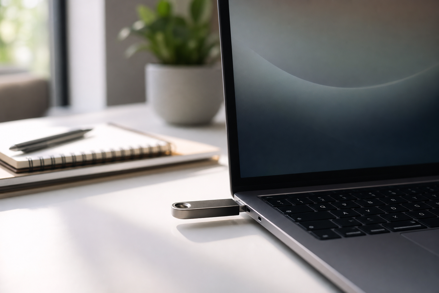 Clé USB branchée sur un ordinateur portable, avec une fenêtre d’explorateur de fichiers affichant un dossier vide
