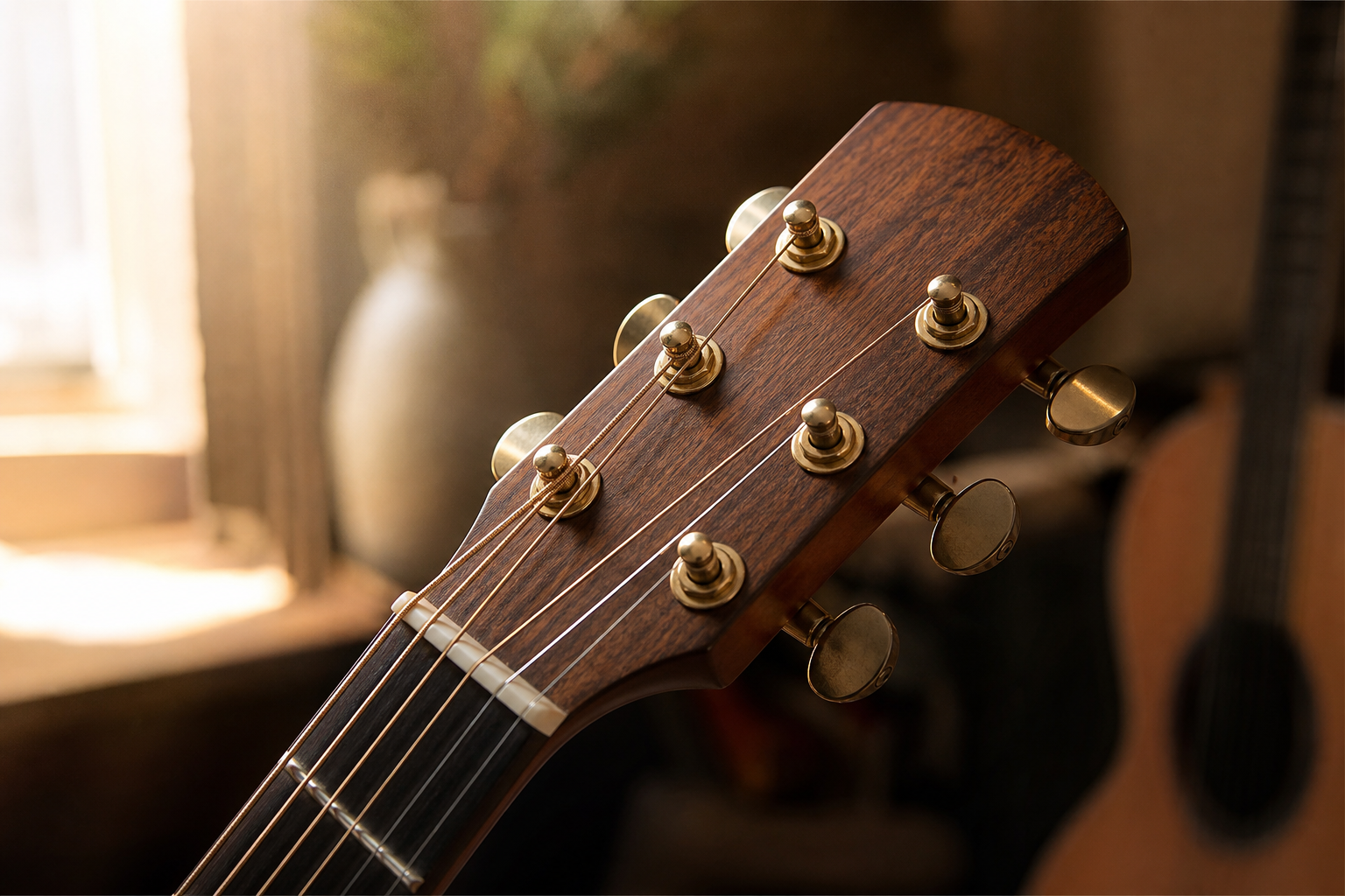 Gros plan sur les mécaniques et le manche d’une guitare