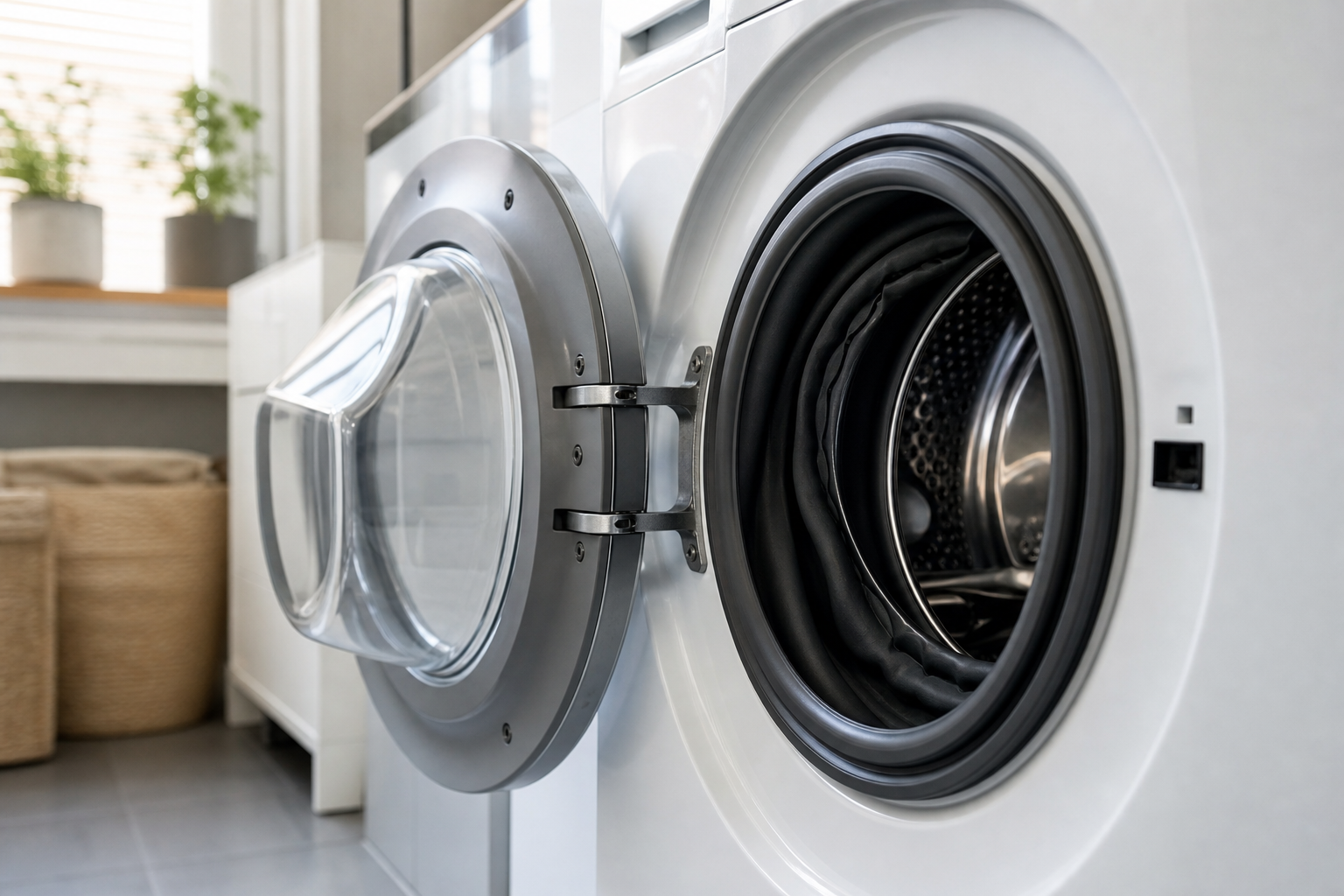 Gros plan sur le joint en caoutchouc d’un lave-linge frontal ouvert