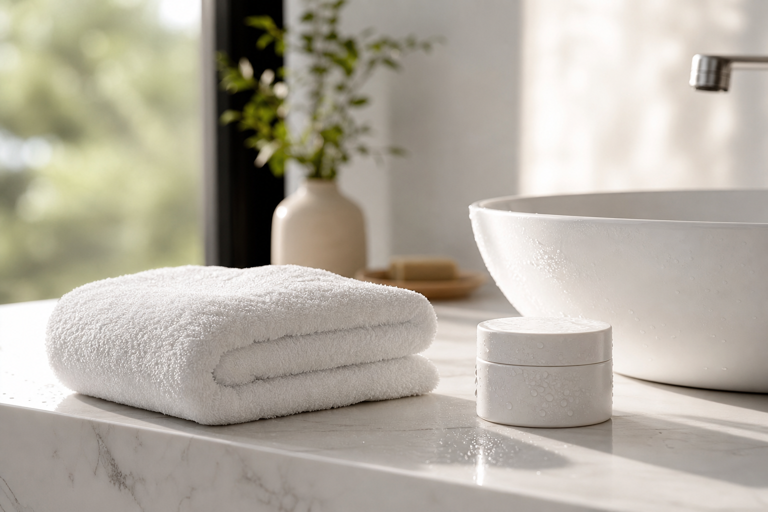 Serviette de bain moelleuse et flacon de crème hydratante posés près d’une douche lumineuse