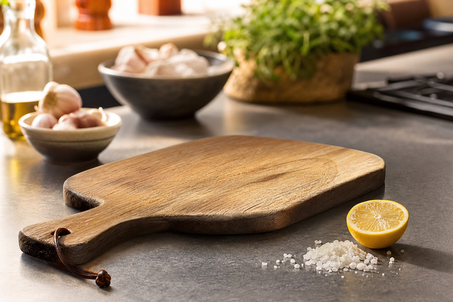 Planche à découper en bois posée sur un plan de travail de cuisine, avec des traces d’usage visibles à sa surface