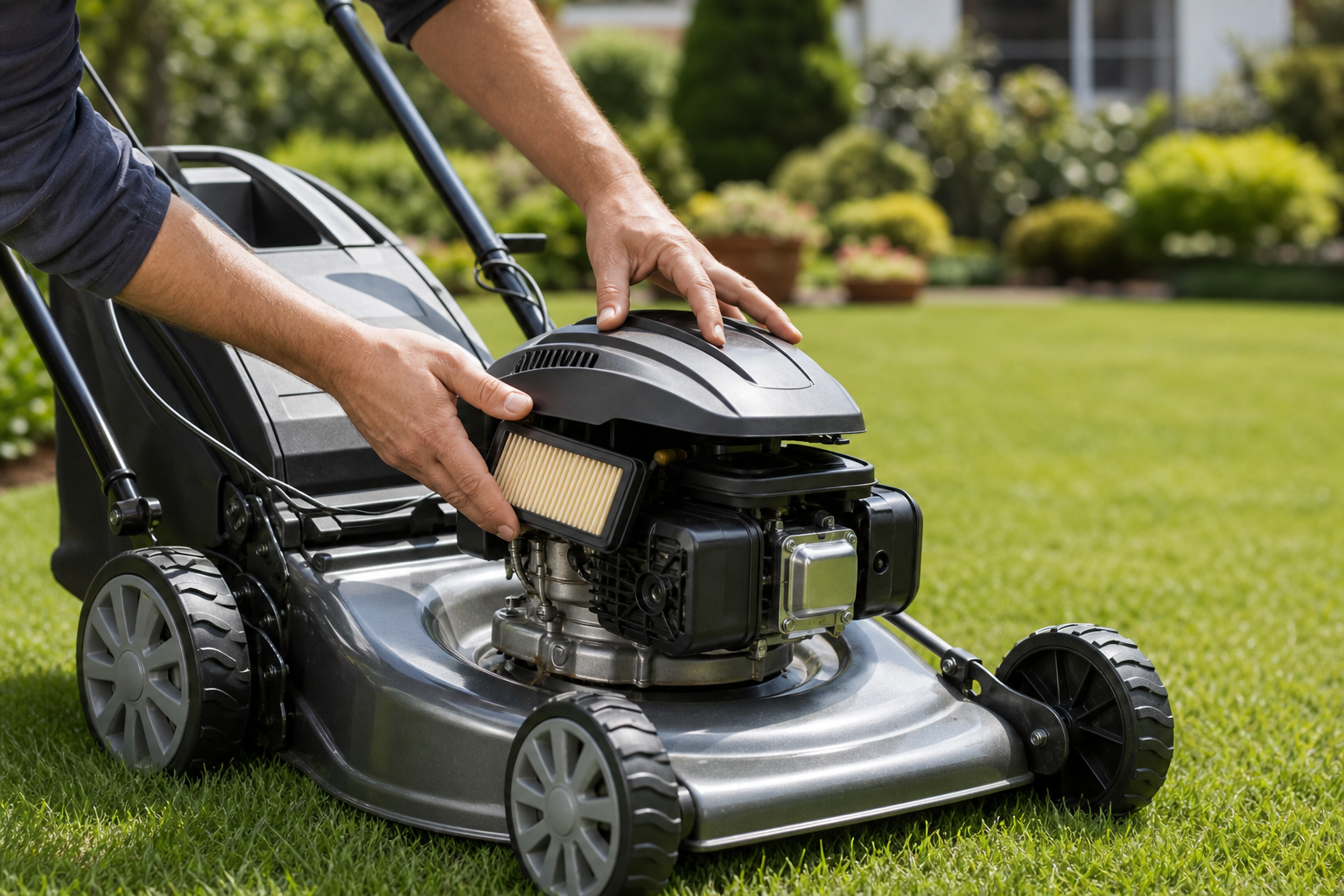 Tondeuse à gazon thermique dans un jardin, moteur ouvert pour entretien du filtre à air