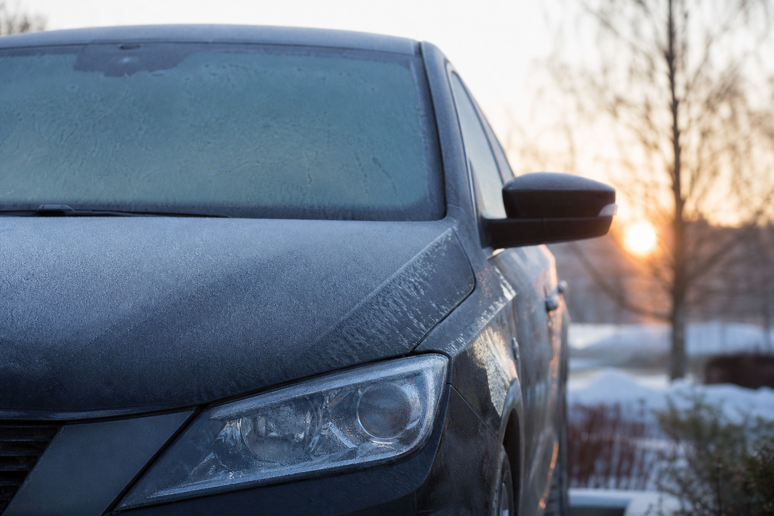Voiture garée un matin d’hiver avec le pare-brise givré, illustrant la surconsommation de carburant liée au froid