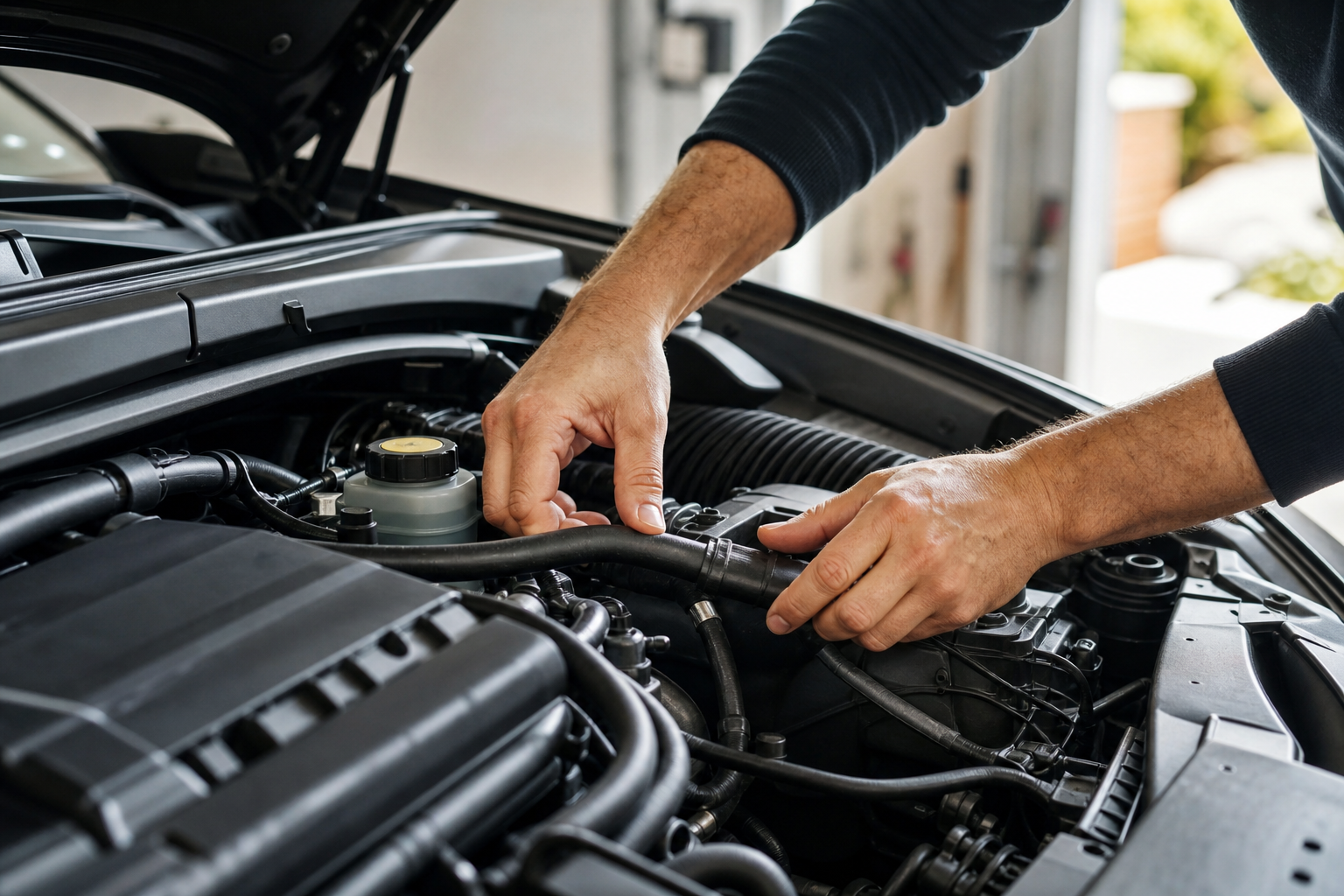 Compartiment moteur d’une voiture ouvert pour inspection, à côté d’un bouchon de réservoir d’essence