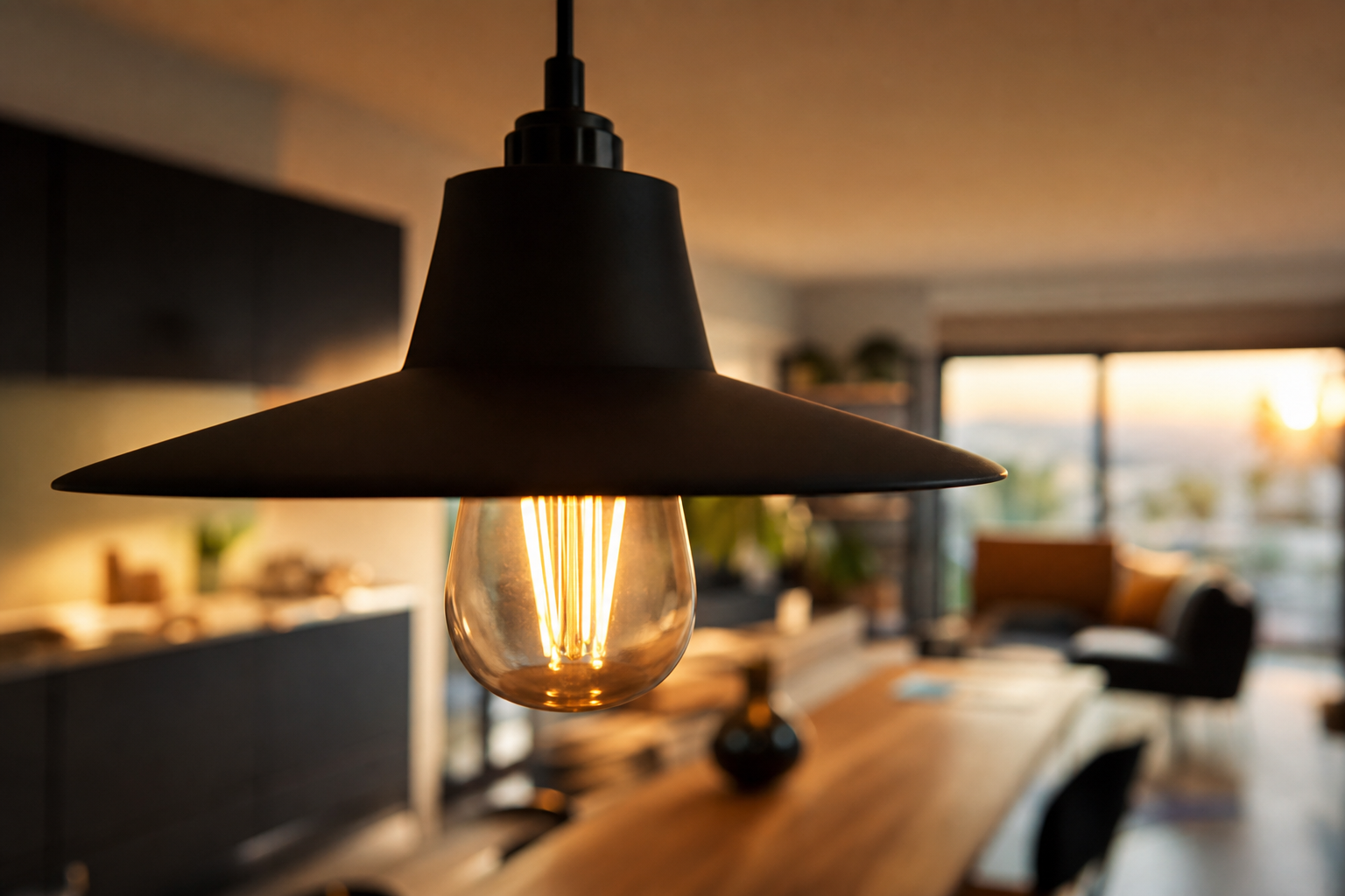 Ampoule LED vissée dans une suspension design éclairant un intérieur chaleureux