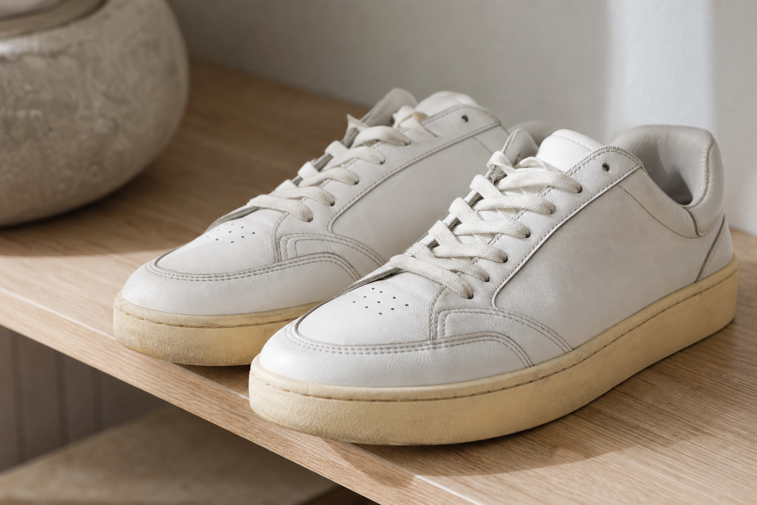 Paire de baskets blanches dont la semelle en caoutchouc présente un jaunissement visible