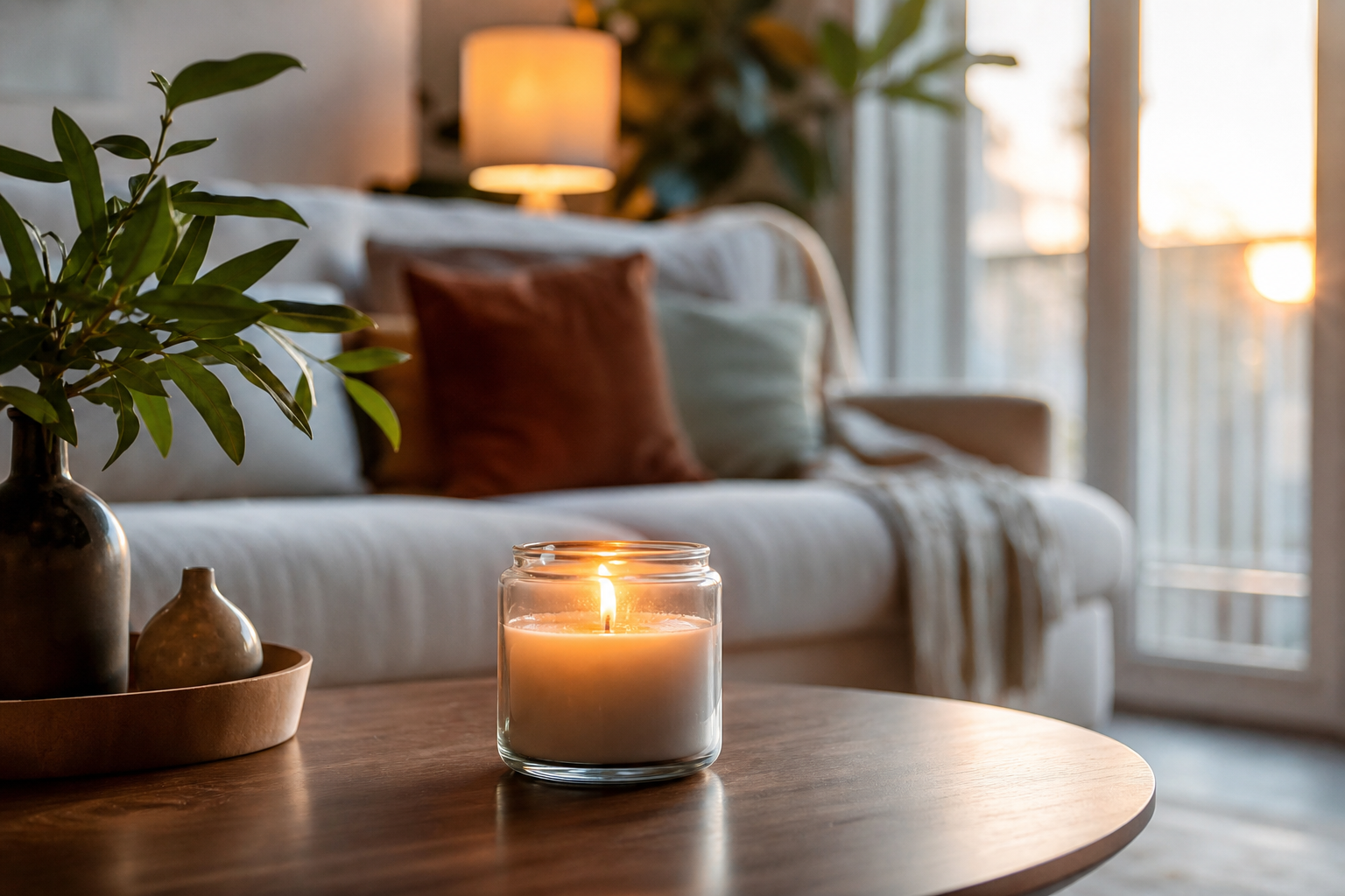 Bougie parfumée allumée posée sur une table basse dans un salon lumineux, cire partiellement fondue visible