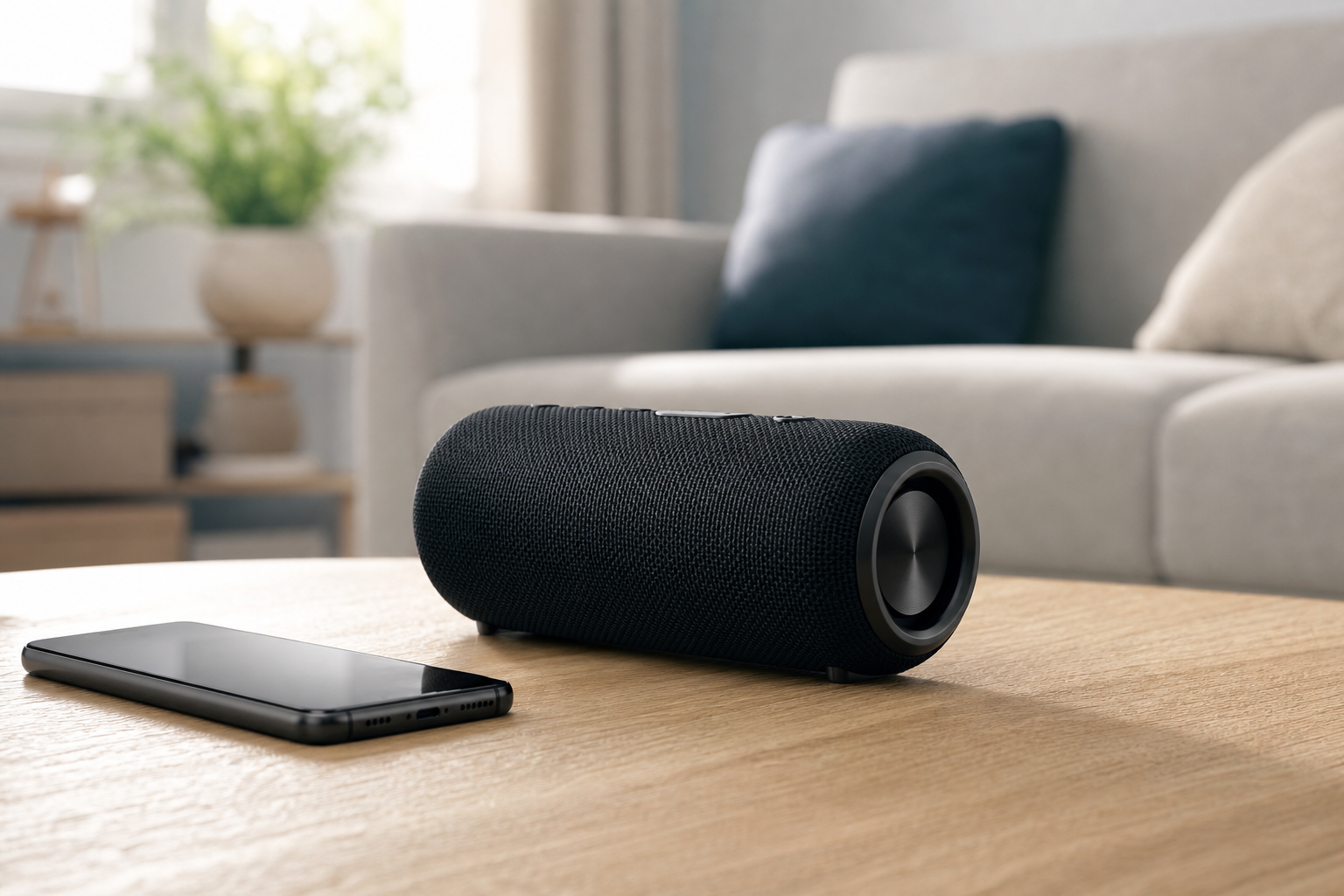Enceinte Bluetooth posée sur une table de salon, à côté d’un smartphone affichant un écran de lecture musicale