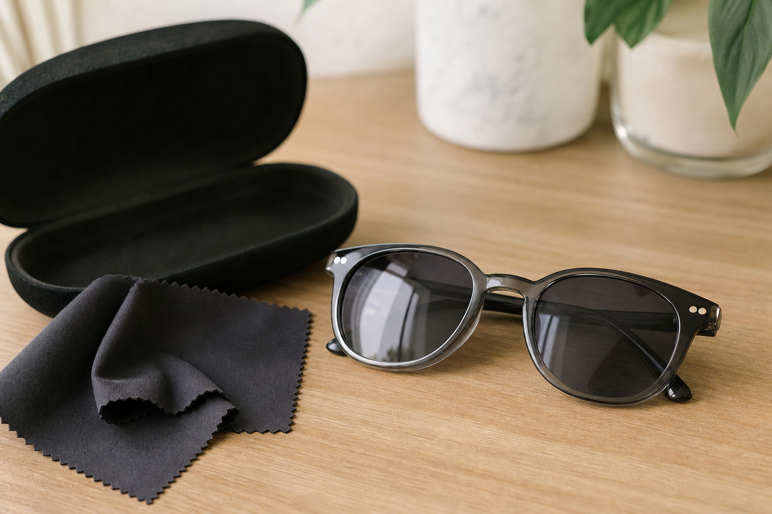 Paire de lunettes de soleil posée sur une table à côté de son étui rigide ouvert, verres visibles à la lumière