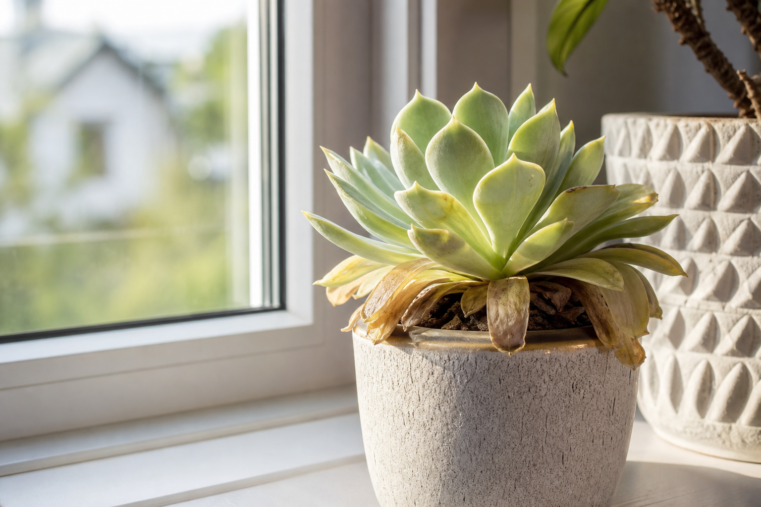 Plante grasse en pot dont la base des feuilles présente des signes de ramollissement et de noircissement