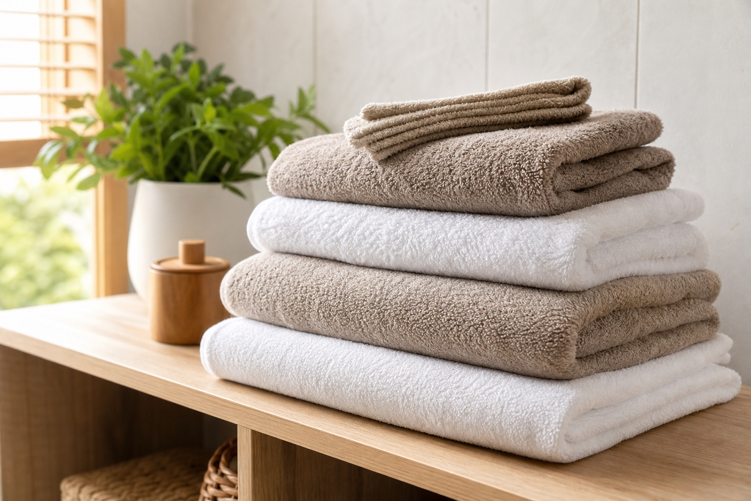 Pile de serviettes de bain pliées, dont la texture semble rugueuse et aplatie après plusieurs lavages