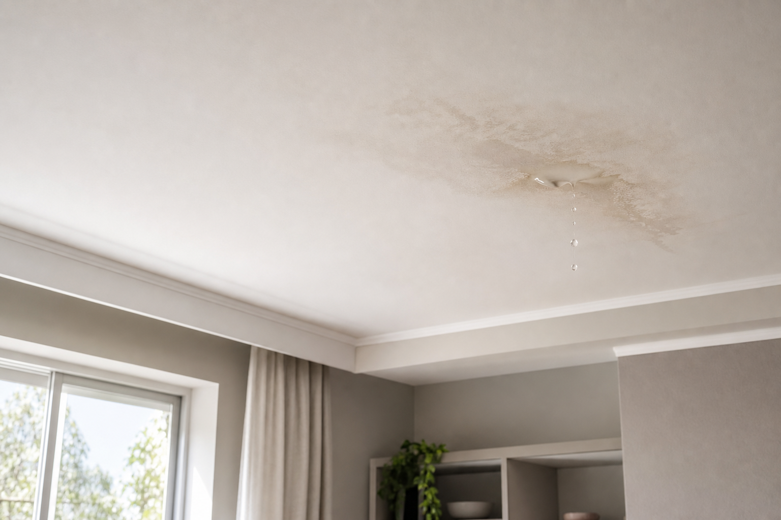 Plafond taché par une infiltration d’eau dans une pièce à vivre, signe d’un dégât des eaux